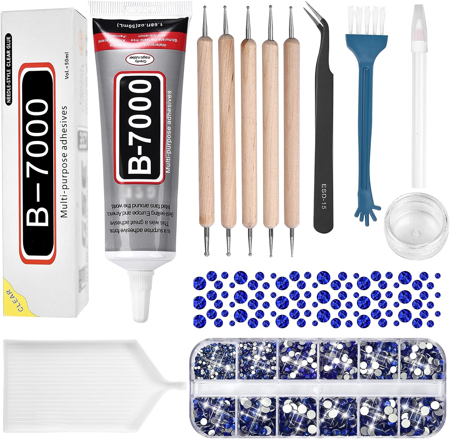DROLE 2500pcs Blue Rhinestones with B-7000 Adhesive and Tool Kit Flatback Crystals Rhinestone Applicator for Craft