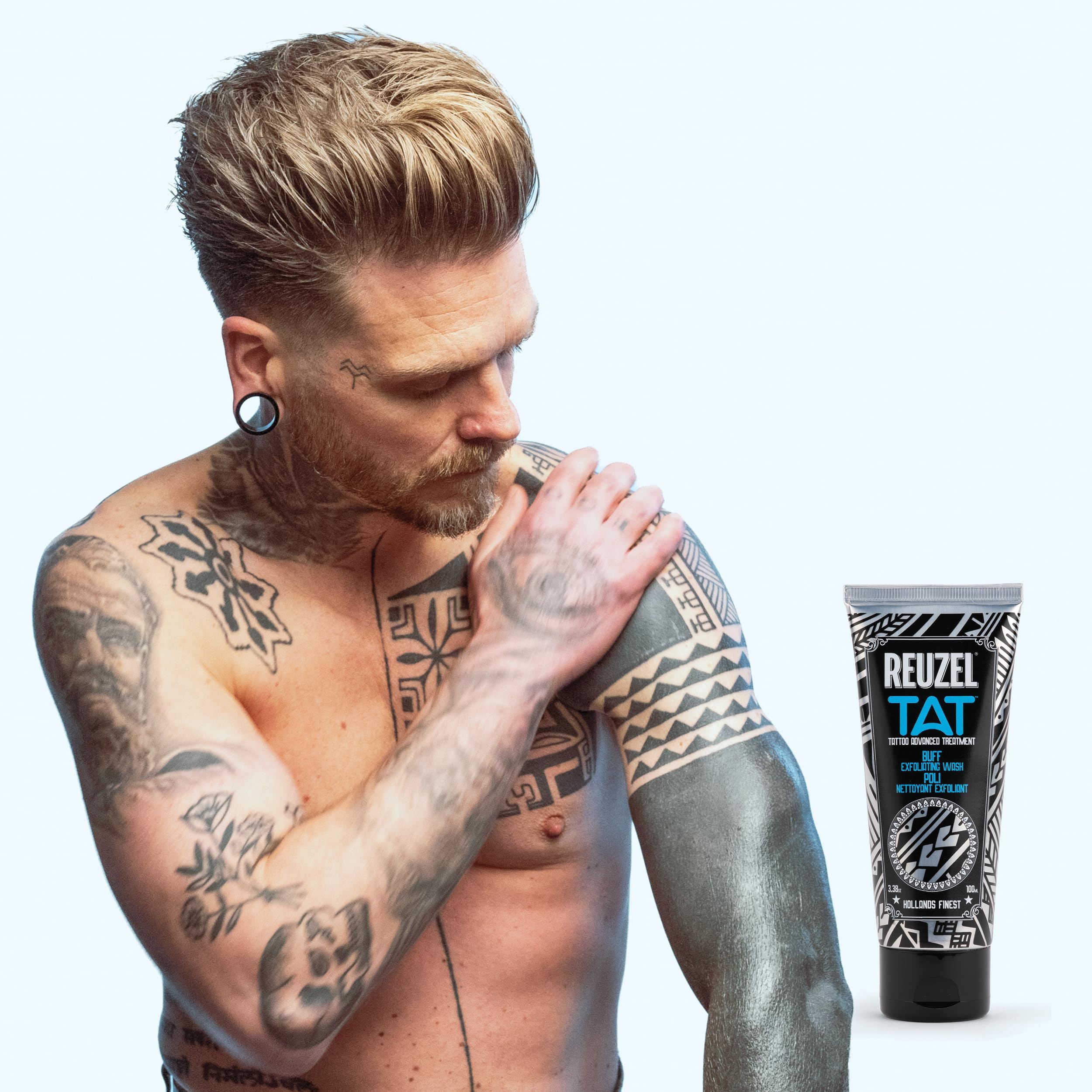 REUZEL Buff Exfoliating Wash, Gentle Tattoo Cleanser Scrub, Brightens, Smooths, Reveals Definition and Color, Non-Damaging, Vegan Formula, 3.38 oz