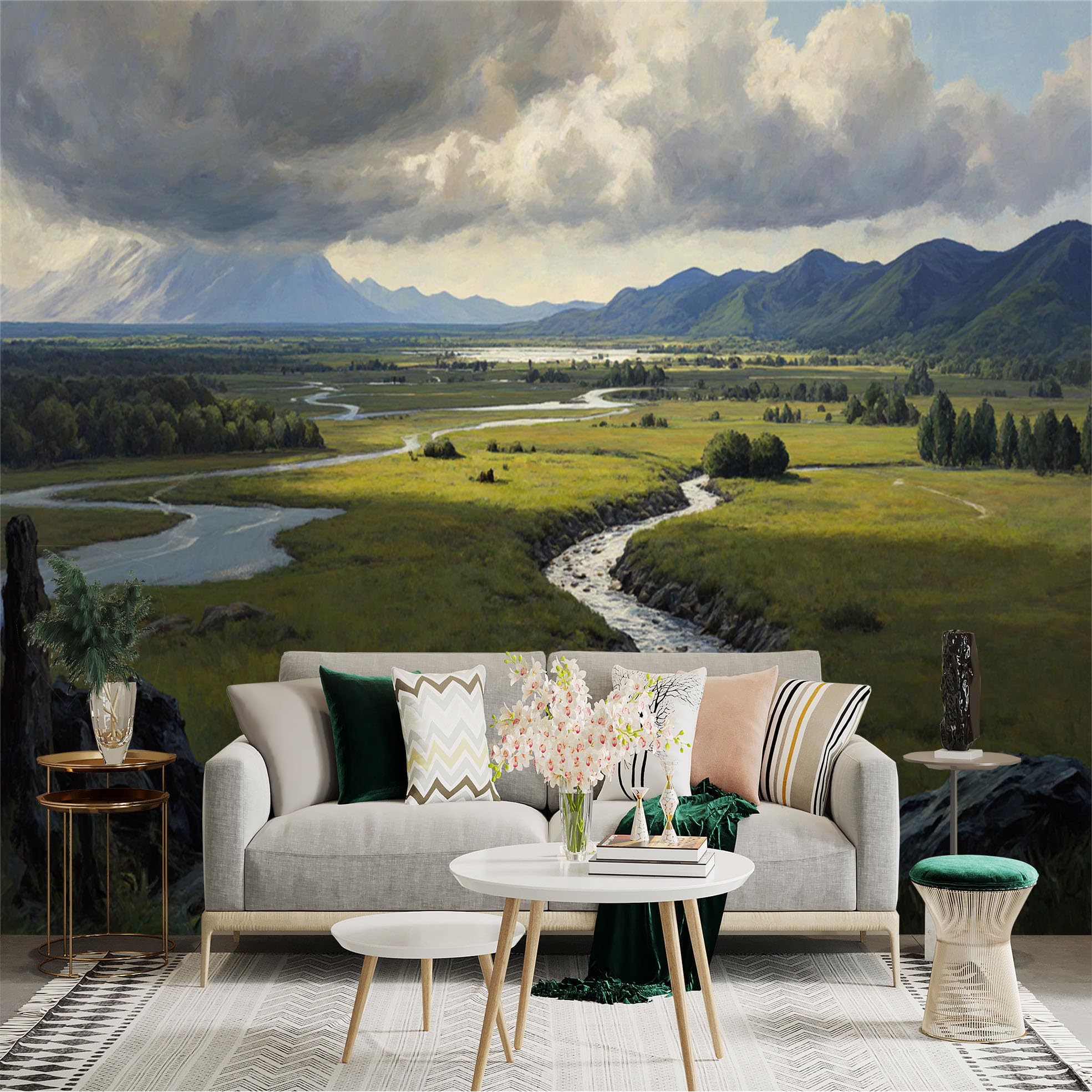 Lnzczhyre Xc260505915 Custom Size Wall Sticker Mural， Serene River Valley Landscape， Rolling Hills And Cloudy Sky， Vast Natural Meadow， For Wall Decoration， Peelandstick Wall Decals.