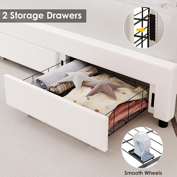 Keyluv Queen Upholstered LED Bed Frame with Storage Drawer, Leather Princess Platform Bed with Adjustable Crystal Button Tufted Crown Headboard, Solid Wooden Slats Support, No Box Spring Needed, White