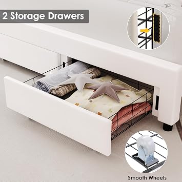 Keyluv Queen Upholstered LED Bed Frame with Storage Drawer, Leather Princess Platform Bed with Adjustable Crystal Button Tufted Crown Headboard, Solid Wooden Slats Support, No Box Spring Needed, White