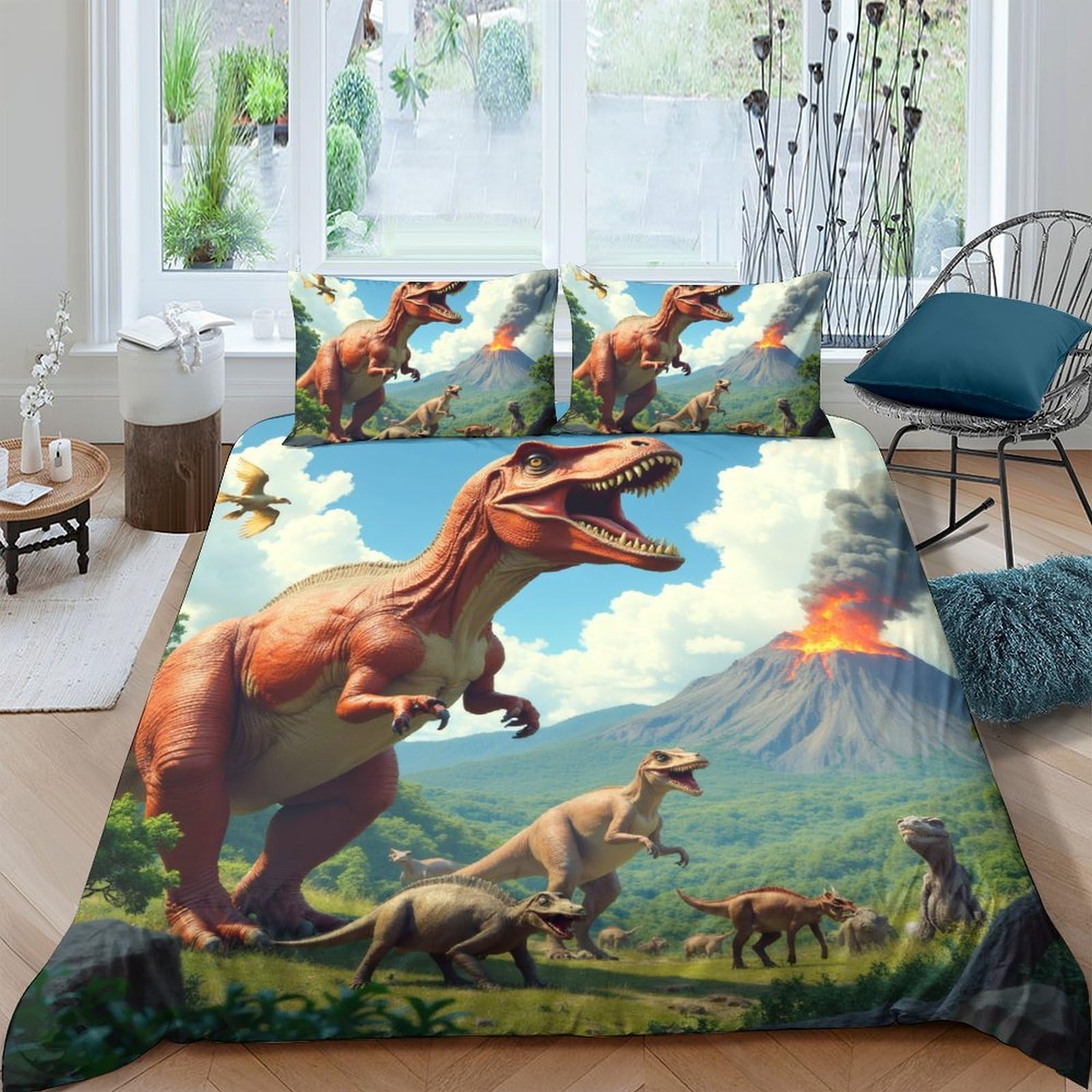 Ctjqhvkz Style-4 3D Printed Dinosaur Volcano Fitted Sheet Microfiber Soft Breathable Jurassic Forest Bed Cover For Bedroom Dorm Decor Single（135X200cm）