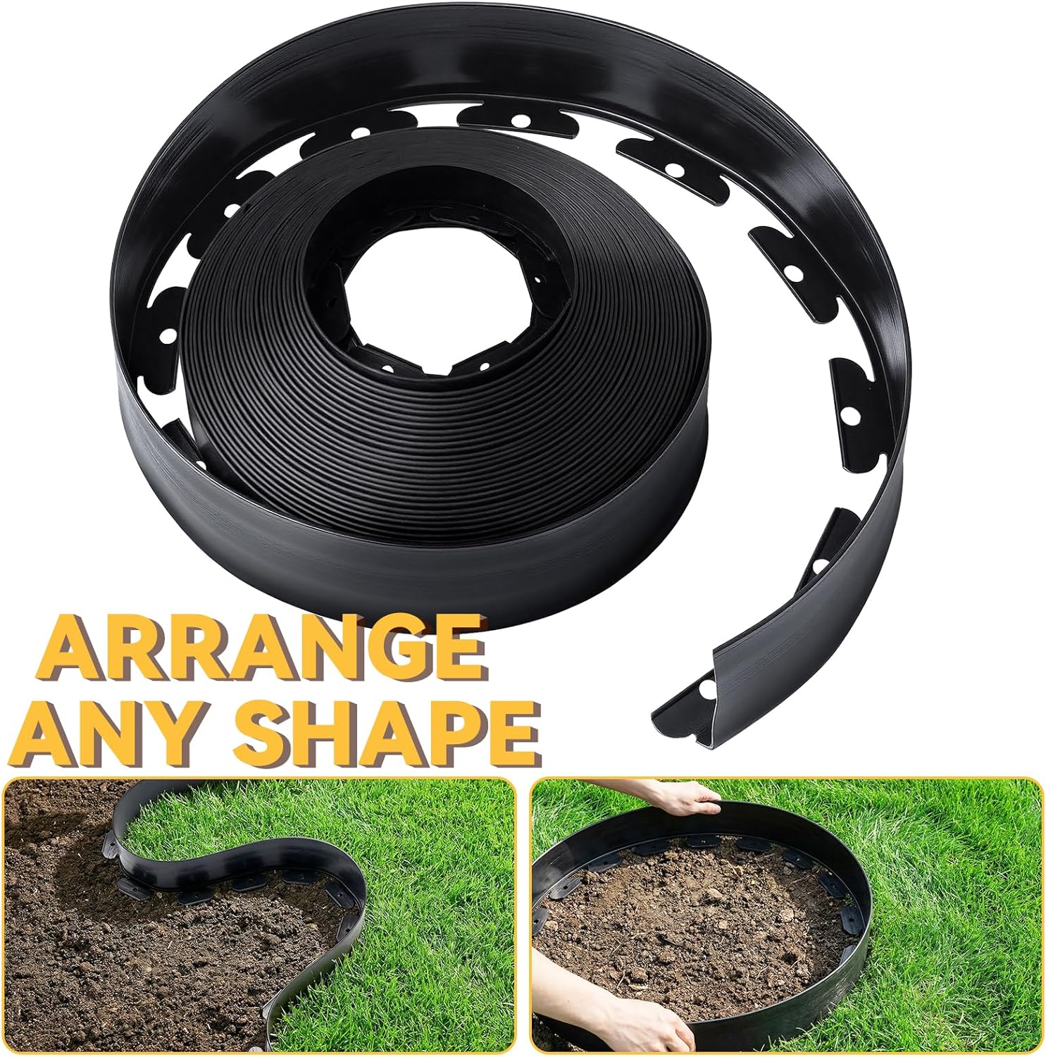 GOTGELIF Landscape Edging Border Kit No Dig, 3'' x 100FT, Black Garden Edging with 110 U-Shaped Nails for Lawn, Flower Beds, and Yard Borders