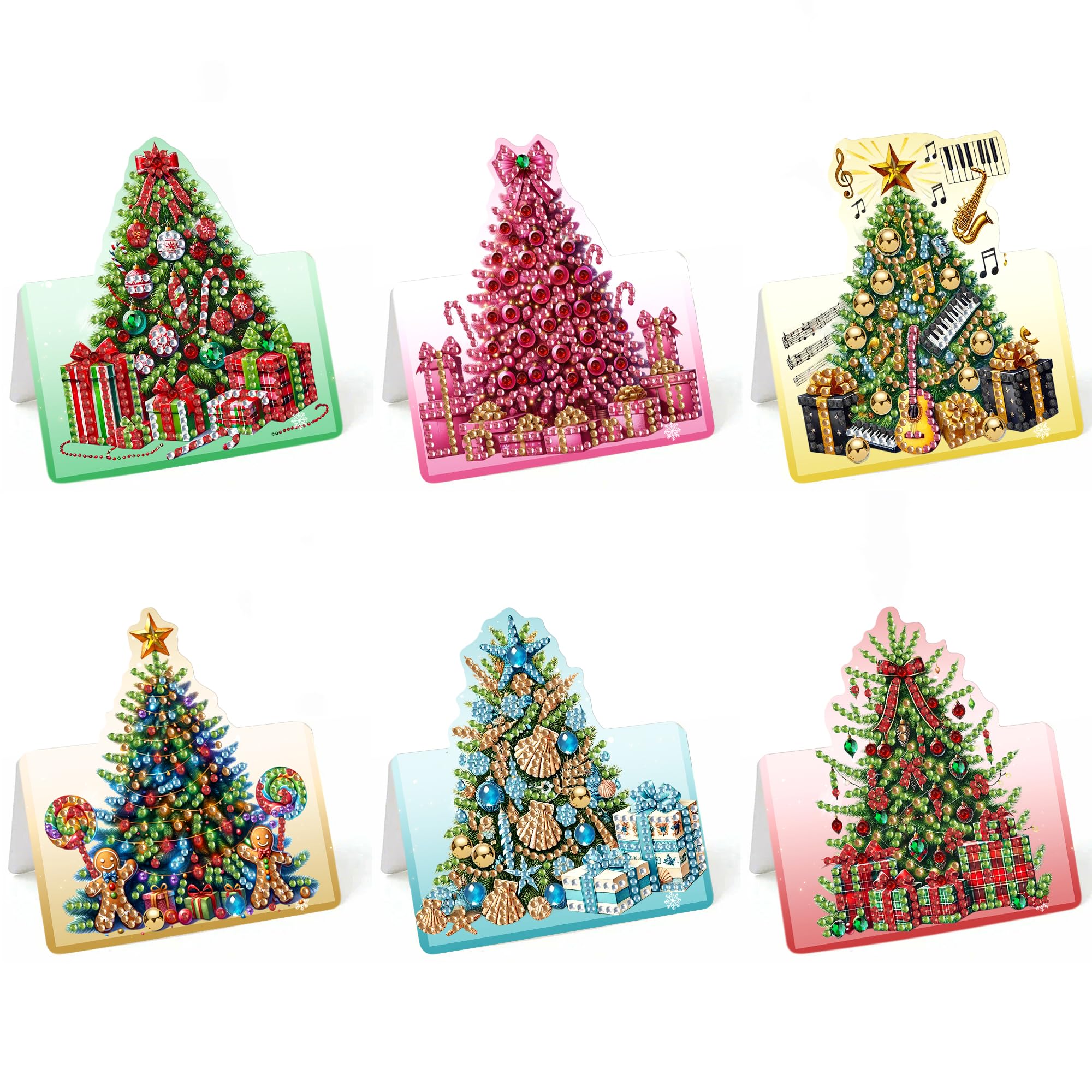 Lebartm 6Pcs 3D Foldable Greeting Card DIY Diamond Art Painting Folding Thank You Cards with White Envelopes Blessing Greeting Card Set for Festival Christmas Holiday-Christmas Tree01