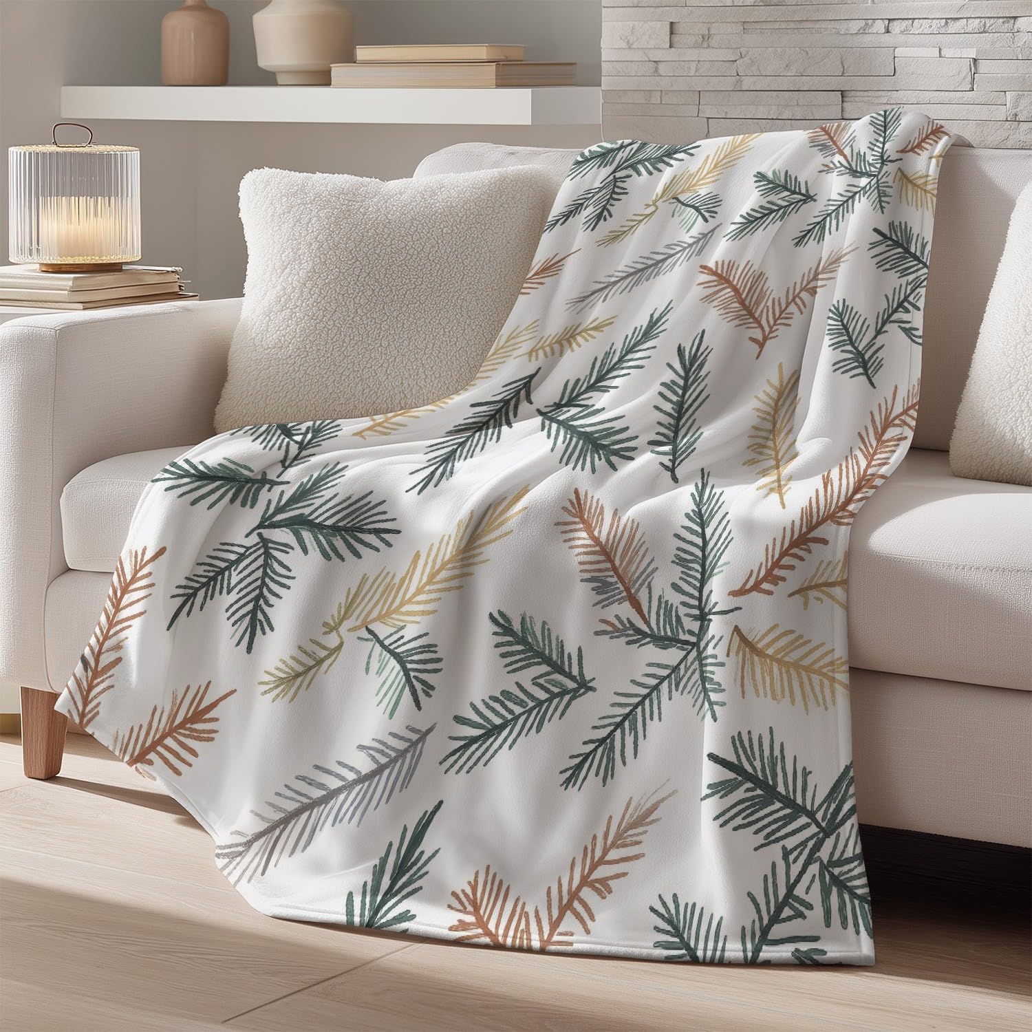Generico Koc polarowy 200 cm x 230 cm nowoczesny minimalistyczny rośliny gałąź sosny wielokolorowy ręcznie rysowany zimowy ciepły koc na sofę i łóżko miękki i przyjemny flanelowy koc