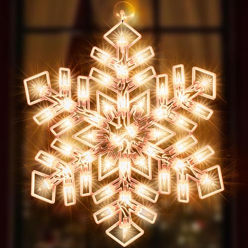 JUSTPRO Christmas Window Silhouette Lights, Lighted Snowfalke Double Sided Decorations with 50 Count Incandescent Mini Light for Holiday Indoor Wall Door Glass Decor - Snowflake