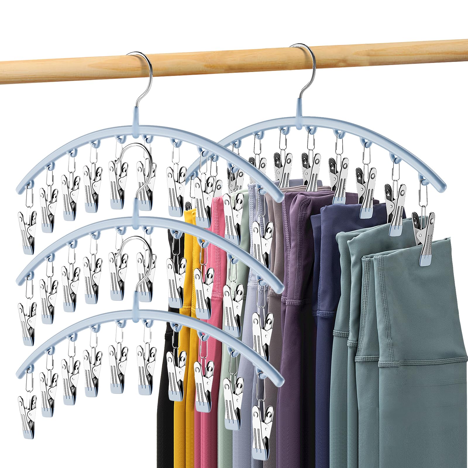 Volnamal Legging Organizer for Closet, Metal Yoga Pants Hanger w/Rubber Coated 4 Pack w/10 Clips Hold 40 Leggings, Hangers Space Saving Hanging Closet Organizer for Closet Organizers and Storage, Blue