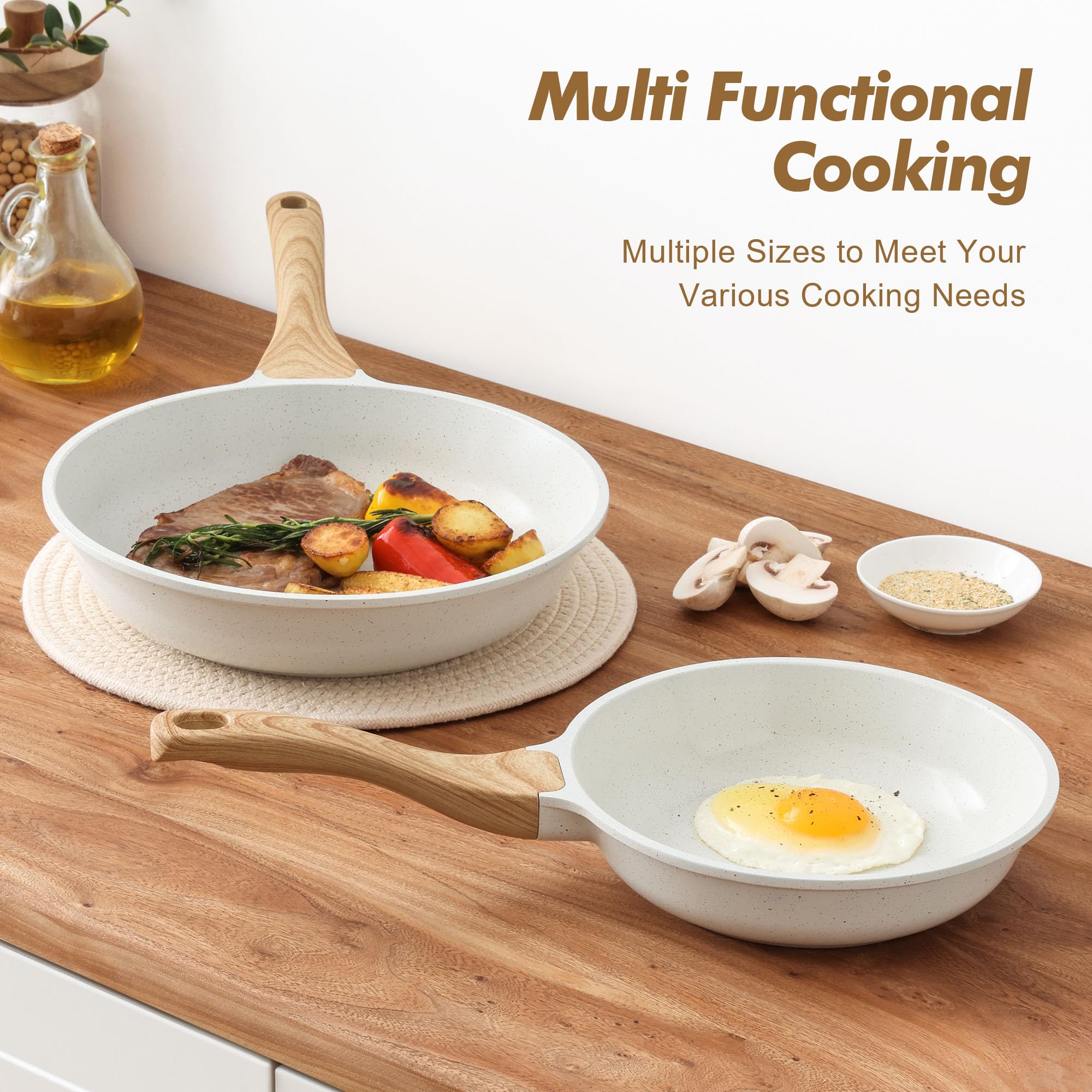 SENSARTE Padella antiaderente con rivestimento in ceramica bianca, padelle per omelette, pentole sane da chef, senza PTFE e PFAS (20 + 25 cm)
