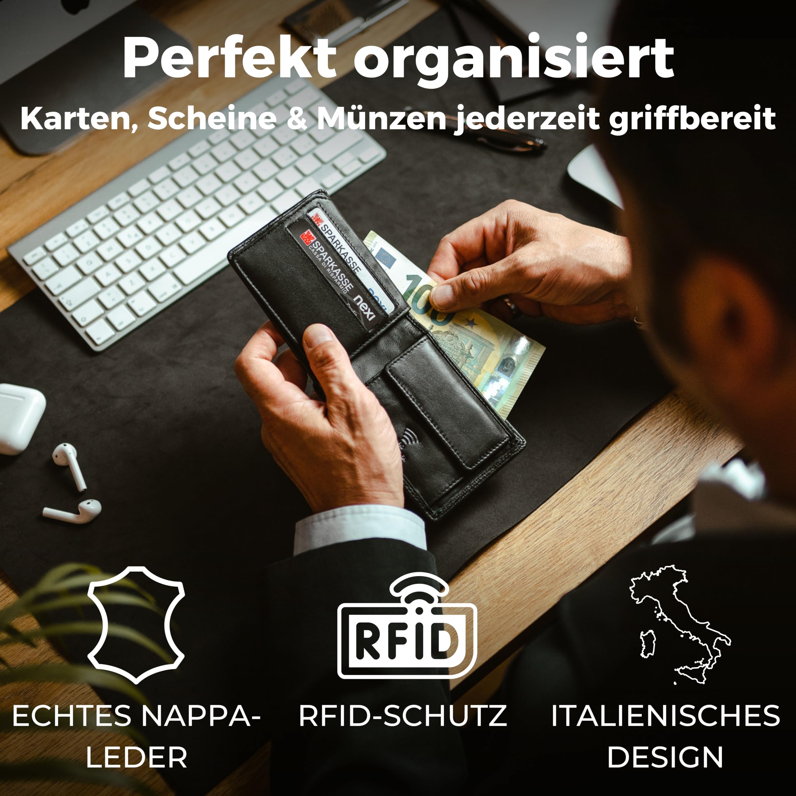 Baur Herren Geldbörse – Echtes Leder mit RFID-Schutz – Kleines Portemonnaie im Querformat aus Nappa-Leder mit 8 Kartenfächern und Münzfach (Querformat Klein, Schwarz)