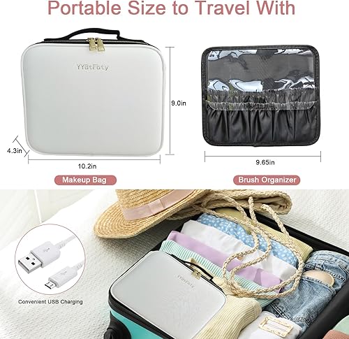 Miniatura 5 de Bolsa de maquillaje con espejo iluminado, caja de cosméticos de viaje, espejo iluminado LED de 3 colores con brillo ajustable, cuero impermeable,