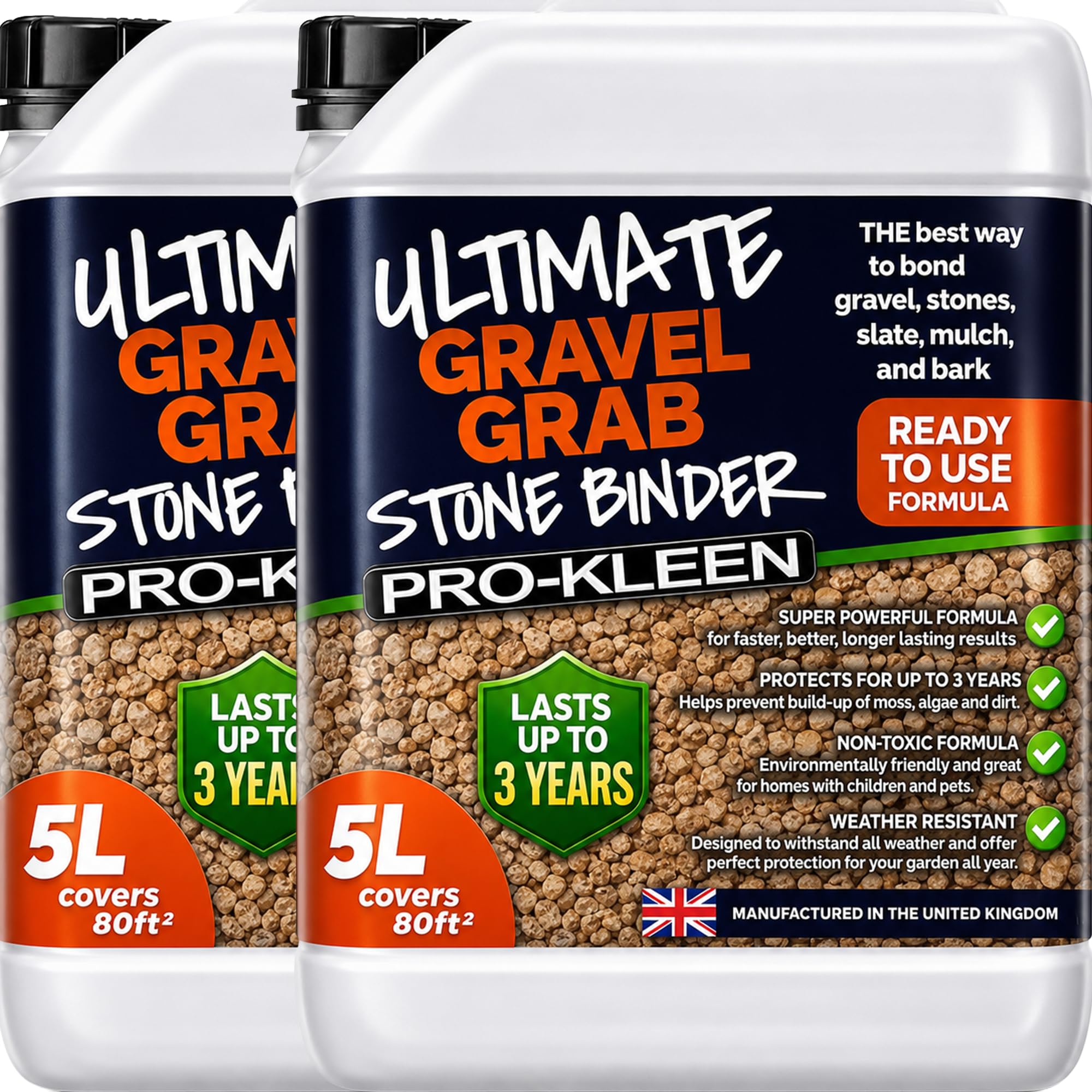 Pro-Kleen Ultimate Gravel Grab 2 x 5L (Covers 160 ft2) - Stone Glue Binder Fixing Spray - For Gravel, Slate, Bark & More - Protects for up to 3 Years - Non Toxic, Weather Resistant & Porous Formula