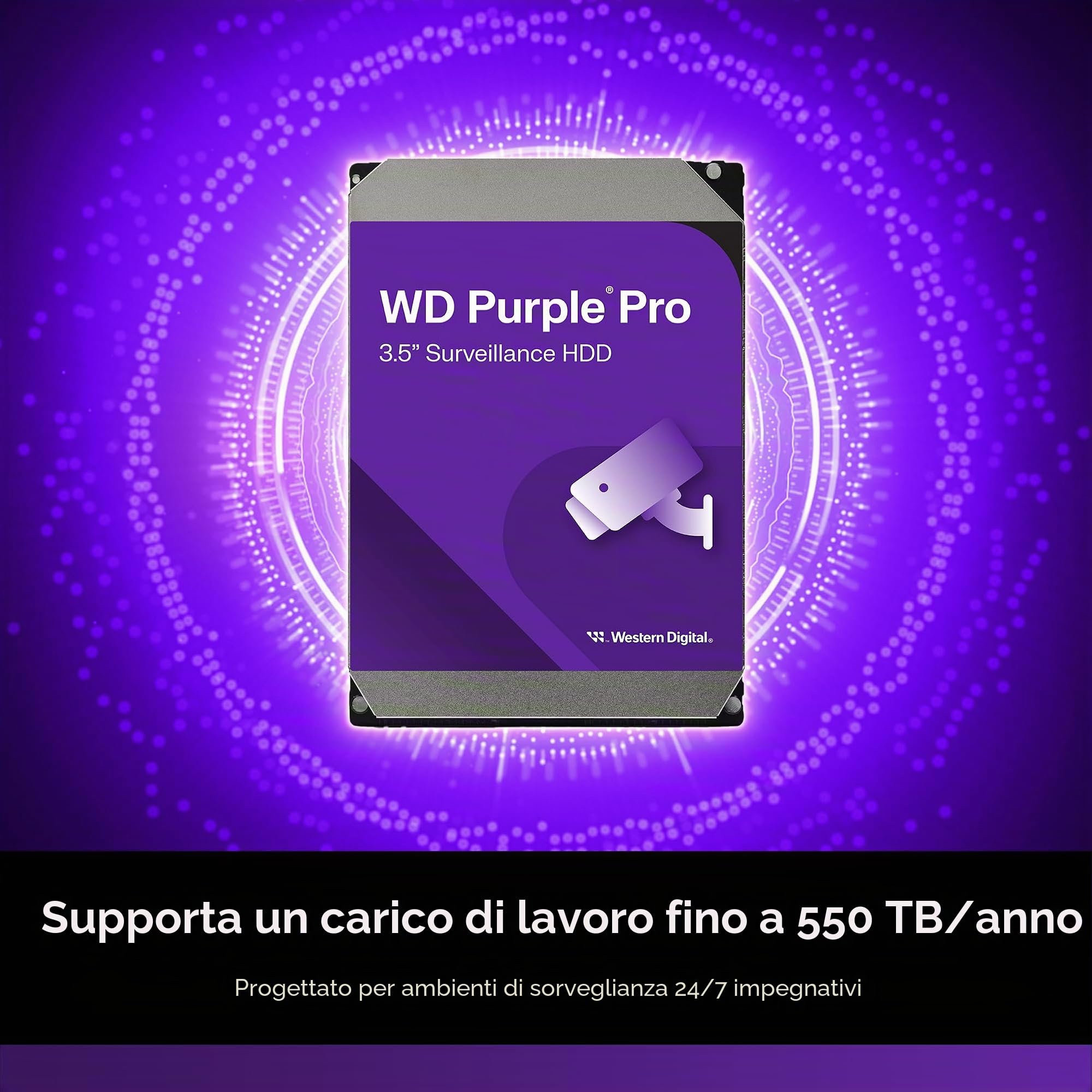 WD Purple Pro 12TB per Smart Video, Hard Disk Interno 3,5” - Tecnologia AI Allframe, 7200RPM, 550TB/anno, Cache da 256 MB