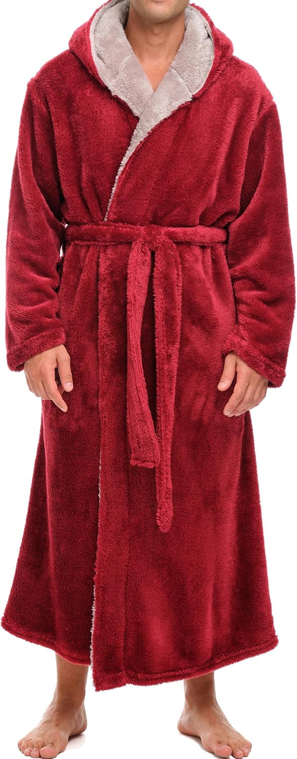 Alexander Del Rossa Mens Robe, Sherpa Fleece Hooded Bathrobe, Big and Tall Bath Robe for Men