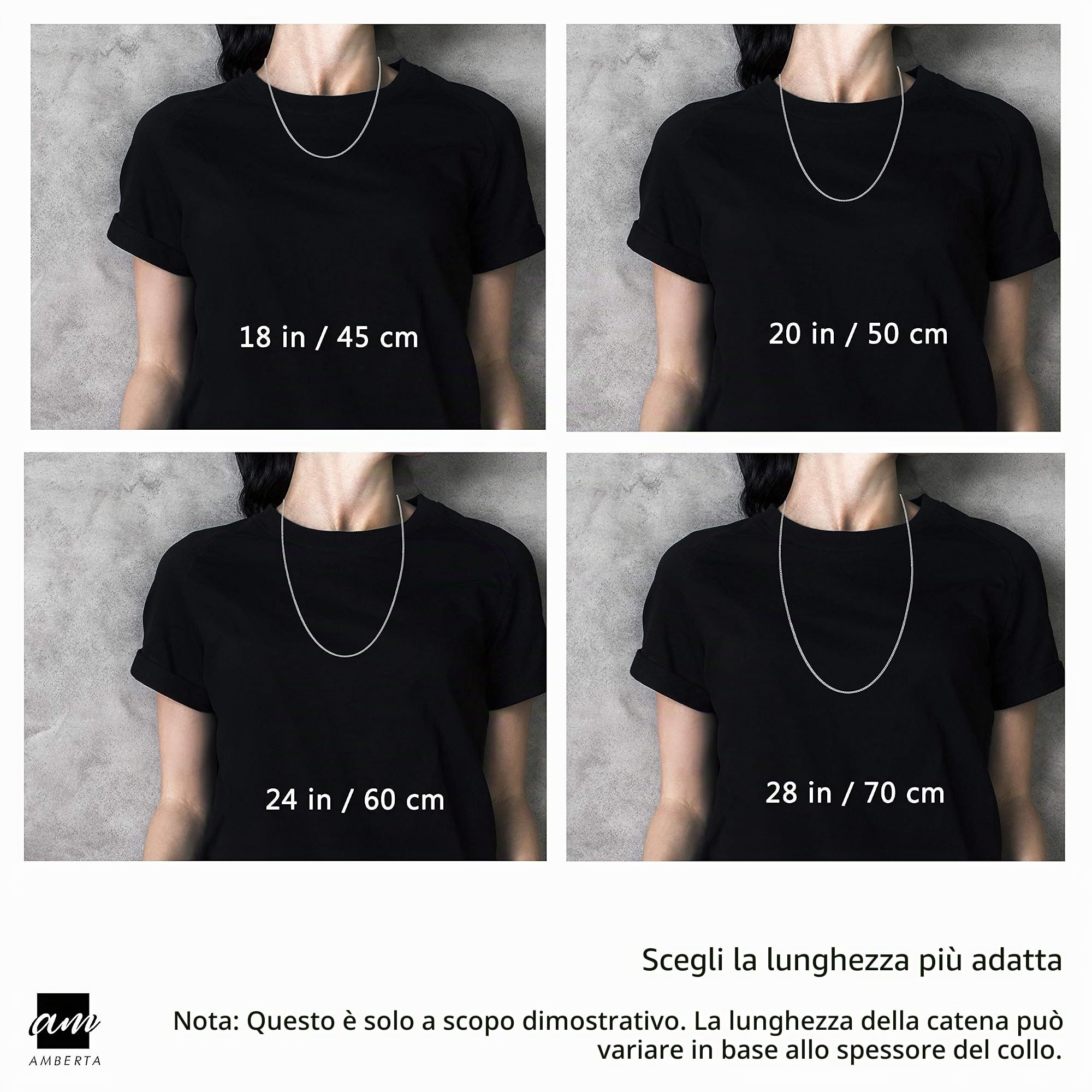 Amberta Bijoux - Collana a catena in argento 925/1000, maglia a cuore, larghezza 2,3 mm, lunghezza 40 45 50 55 60 cm