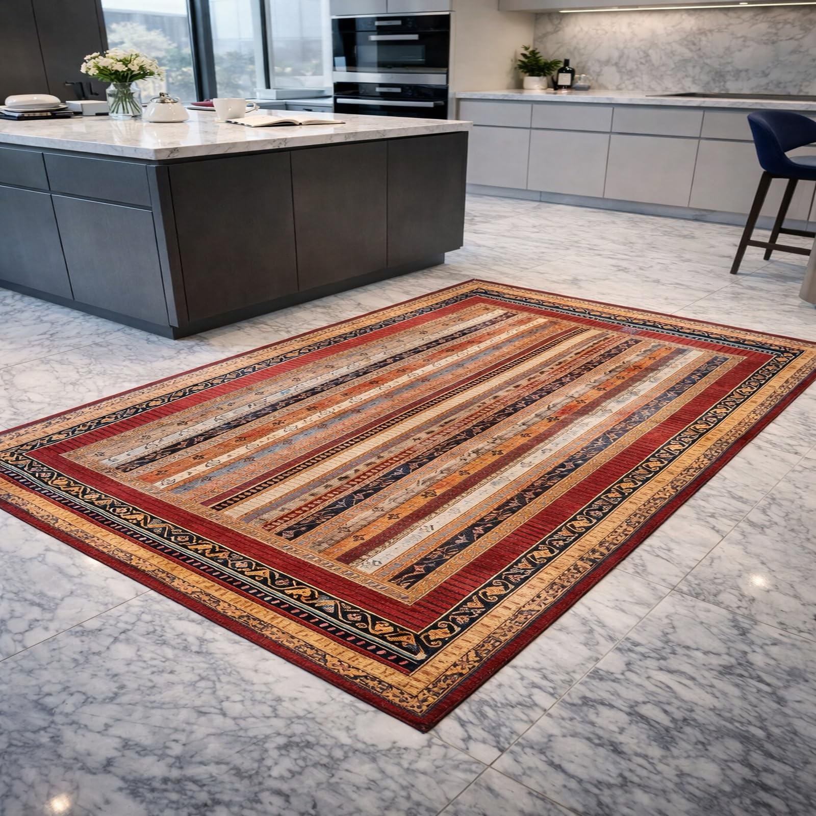 Tapis lavable 150x150 cm vintage géométrique antidérapant de salon