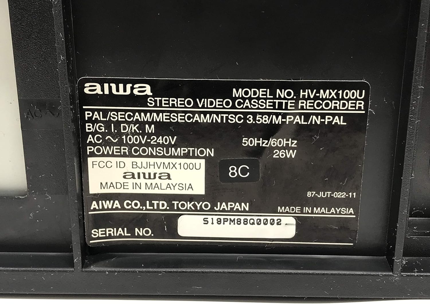 Aiwa HV-MX100 VCR model label