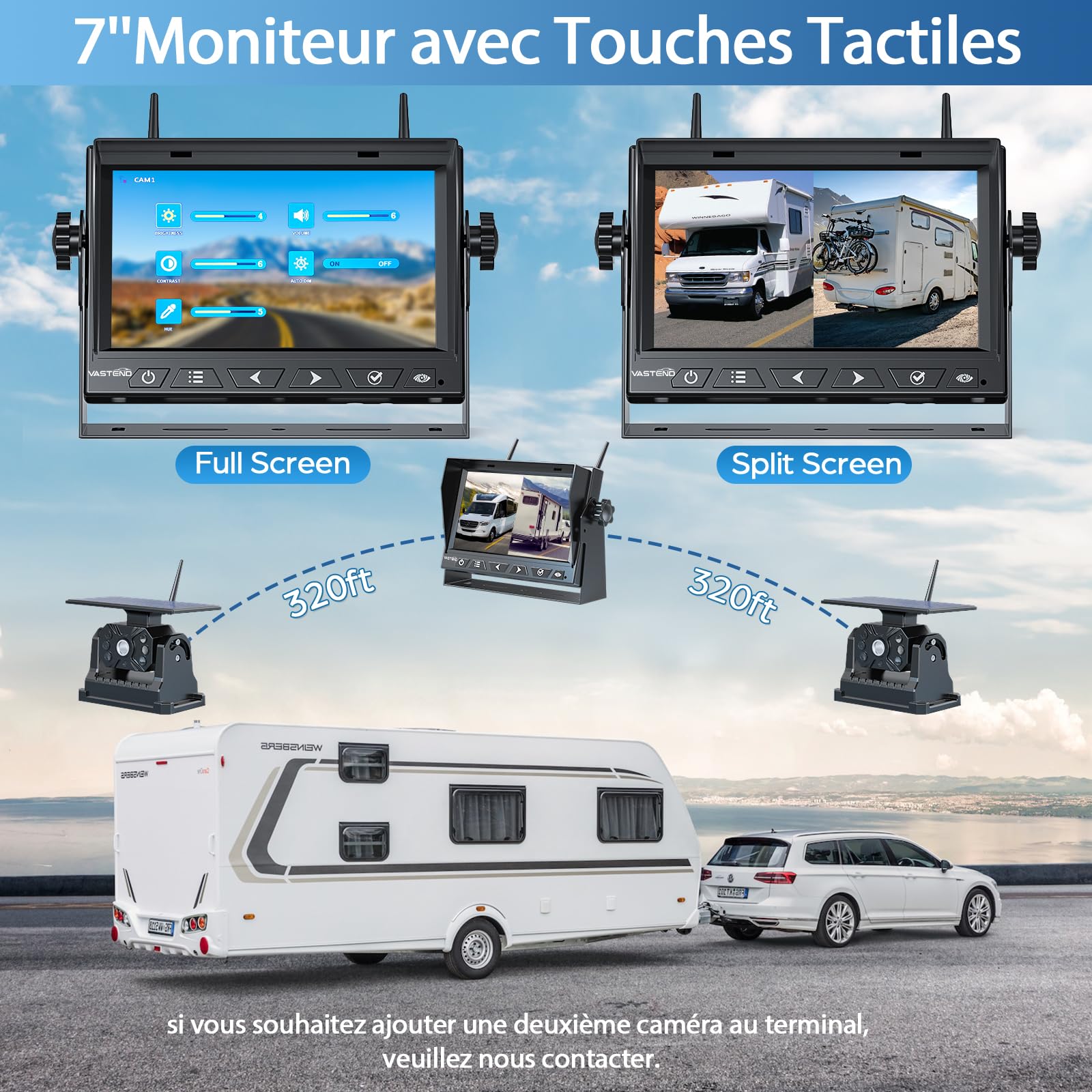 Solaire Caméra de Recul sans Fil, 10000mAh Caméra Magnétique à Batterie Rechargeable avec 7" Moniteur, 170° Grand Angle, Installation de Bricolage, pour Camions, Camping Car, Caravane