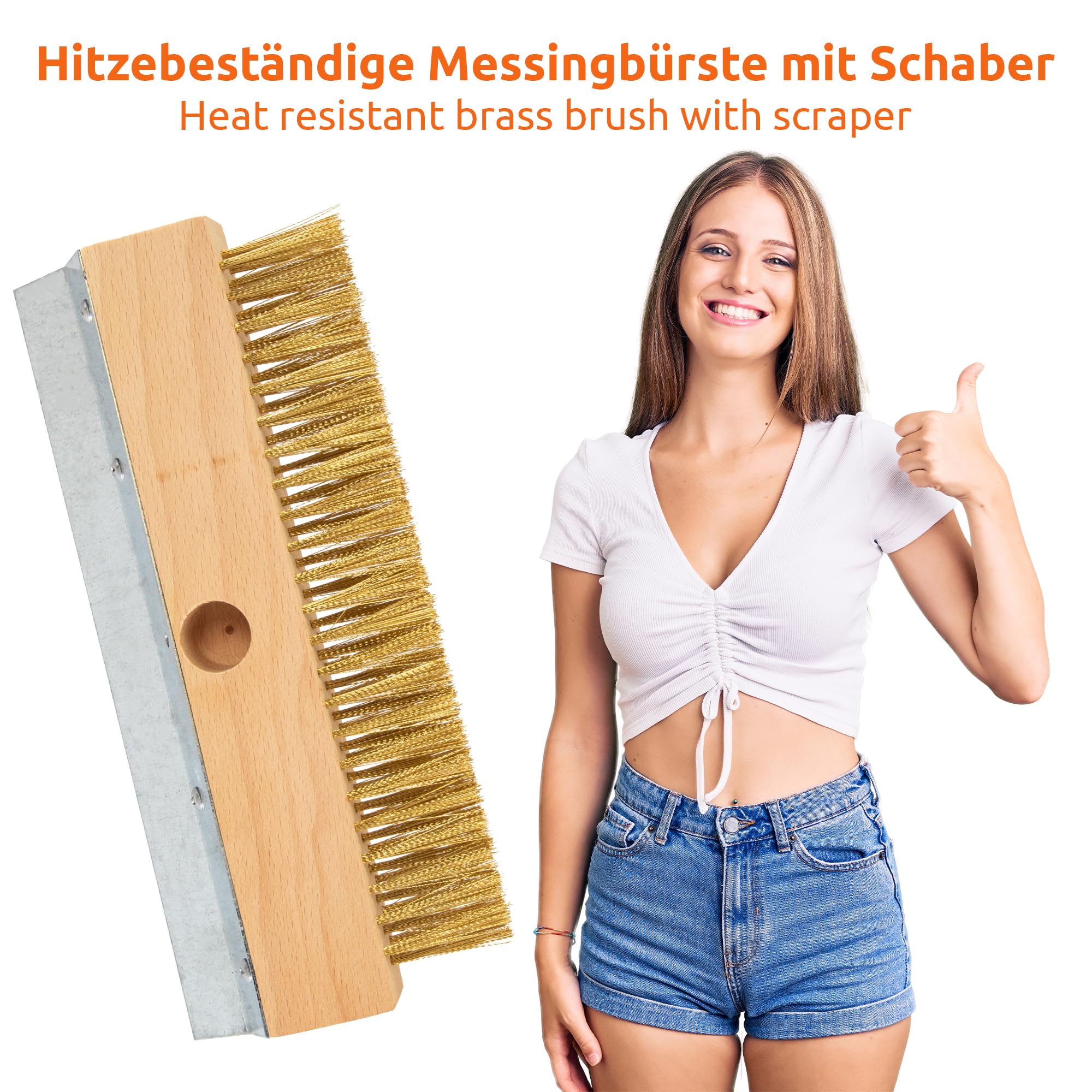 ECENCE Brosse avec poils laiton ondulés, nettoyage four à pizza, four à bois, fumoir, brosse à main pour éliminer la suie, la saleté, brosse à poils en laiton avec grattoir