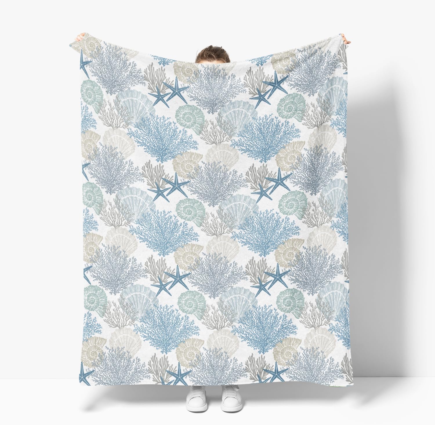 Horaldaily Summer Flannel Blanket 60x80 Inches Blue Ocean Shell Coral Fleece Blanket, Soft Lightweight Plush Cozy Blankets for Bed, Sofa, Couch, Travel, Camping