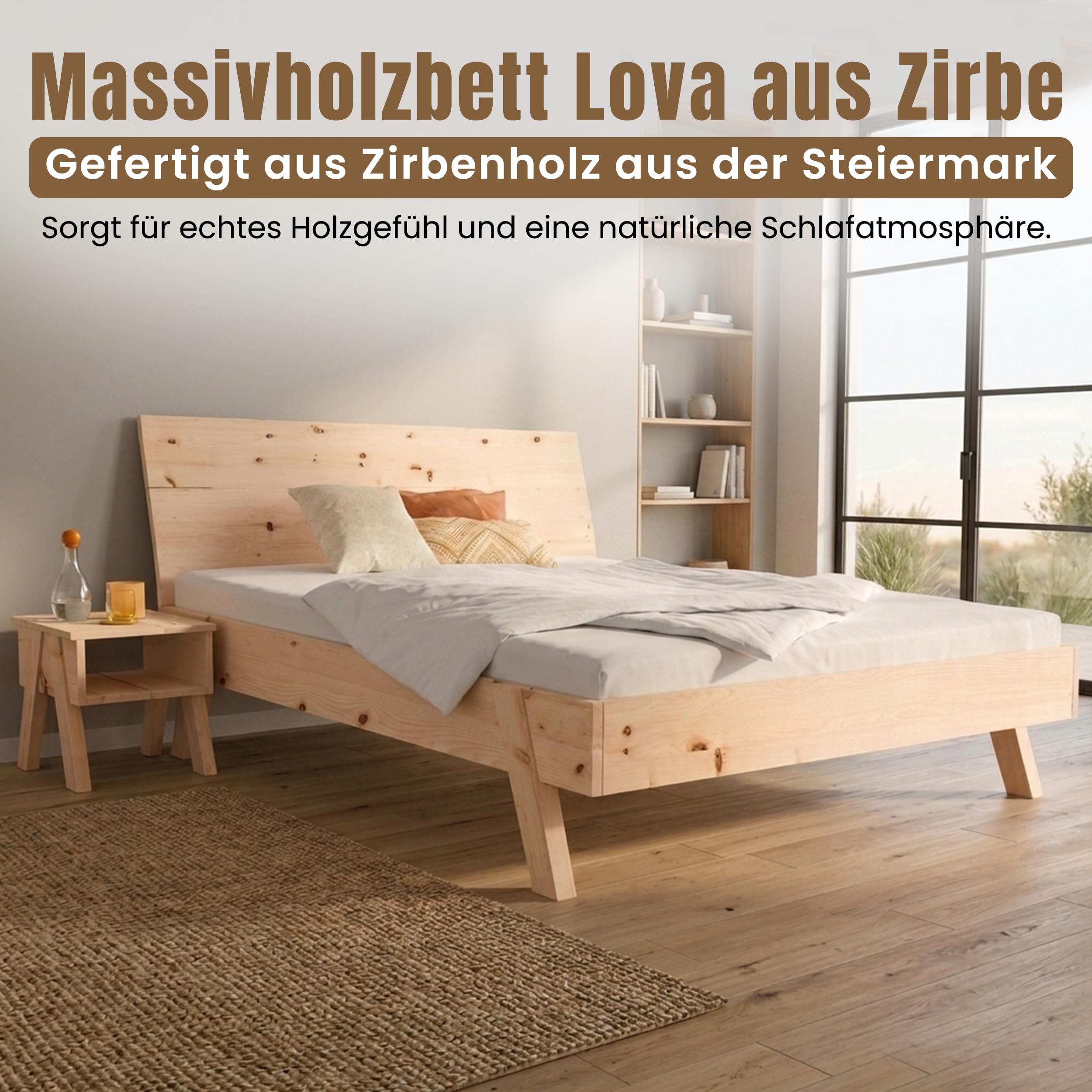 Geborgenschlafen Massivholzbett 90×200 cm aus Zirbe Natur | Unbehandelt LOVA Holzbett mit Komforthöhe 40 cm & Einlegetiefe 17 cm – Stabil und langlebig Massivholz-Bett