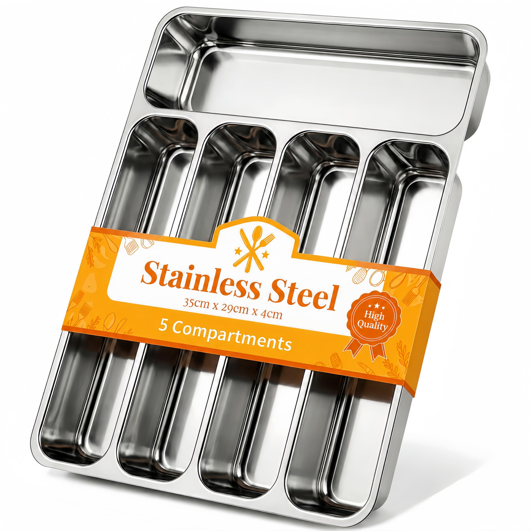 Besteckkasten aus Edelstahl für Küchenschublade, robuster Besteckschublade Organizer mit 5 Fächern, rostbeständiger Utensilienhalter, spülmaschinenfest, Besteck-Aufbewahrungsschale, 35 x 29 x