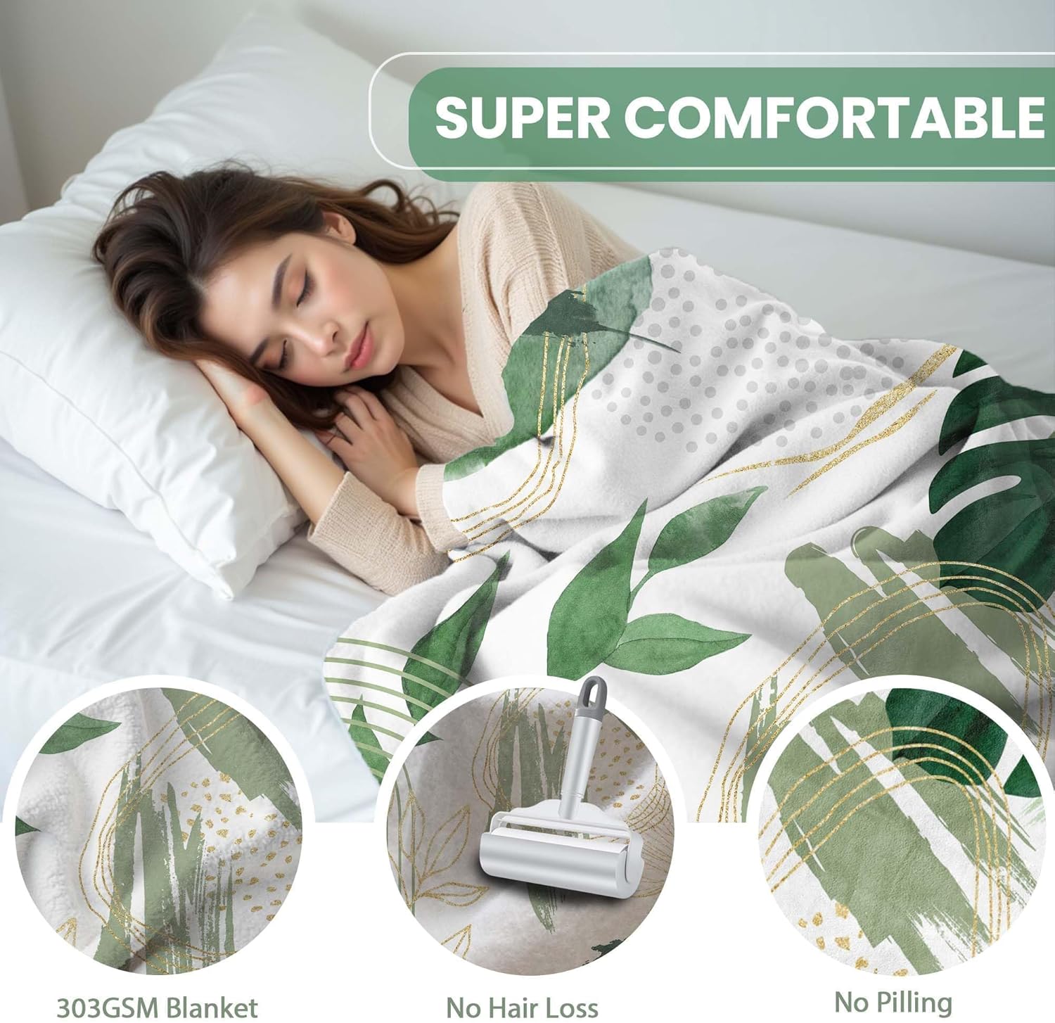 Sage Green Leaf Throw Blanket Mid-Century Green and Gold Boho Flannel Blankets for Couch Bed Living Room Sofa, Decorative Patterned Super Soft Cozy, 50x60 in