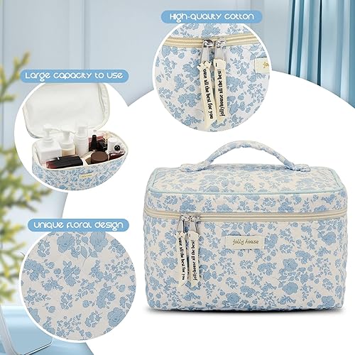 Vista 6 de Silkfly Juego de 4 bolsas de cosméticos acolchadas de algodón, portátiles, lindas bolsas de cosméticos florales, bolsa estética de viaje vintage