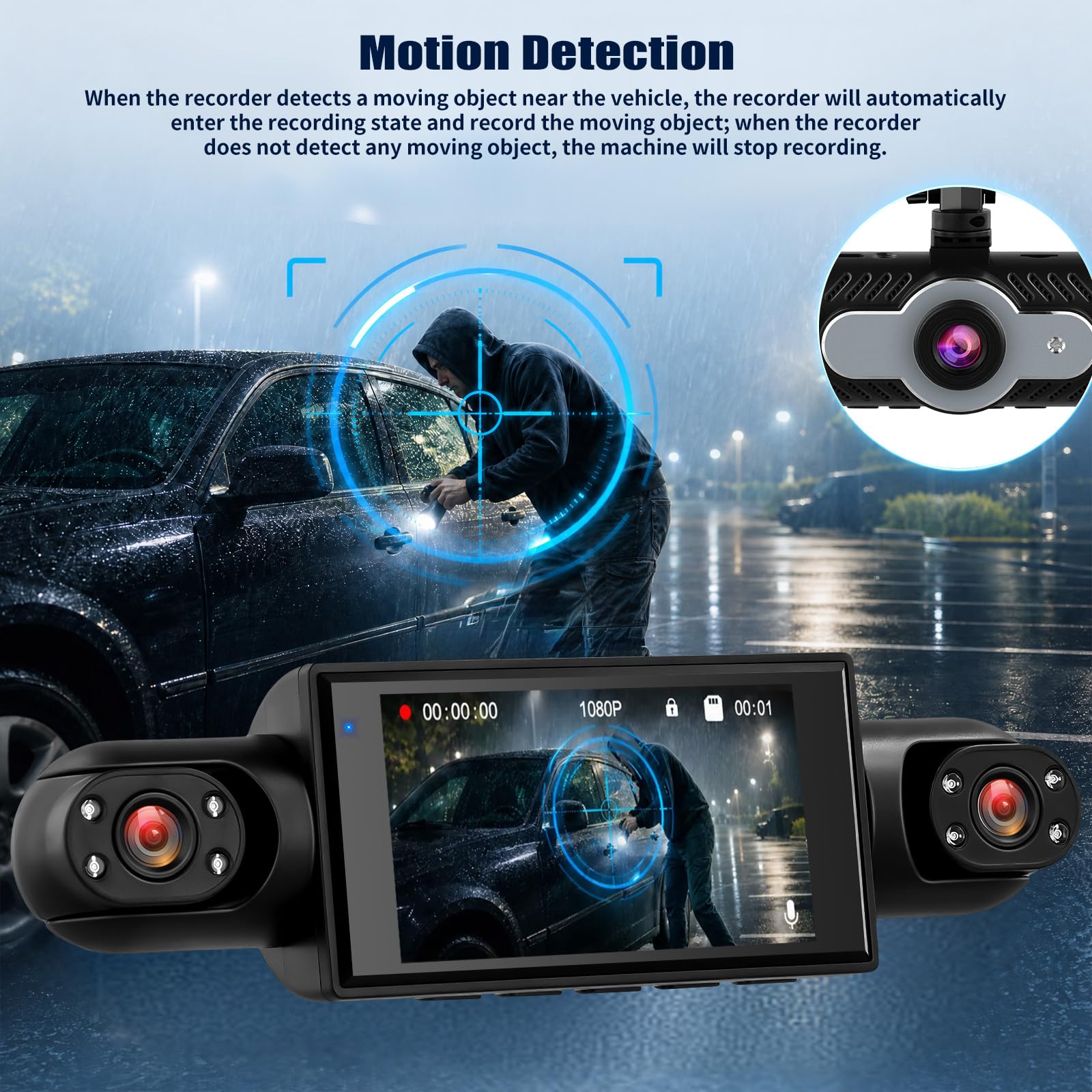 SIXTOP 4 Cámaras Dashcam con Visión Envolvente 360° DVR para Coche Pantalla Full HD 1080P 3 Pulgadas, Detección de Movimiento, Grabación en Bucle Asistencia de Marcha Atrás para Coche/Camión