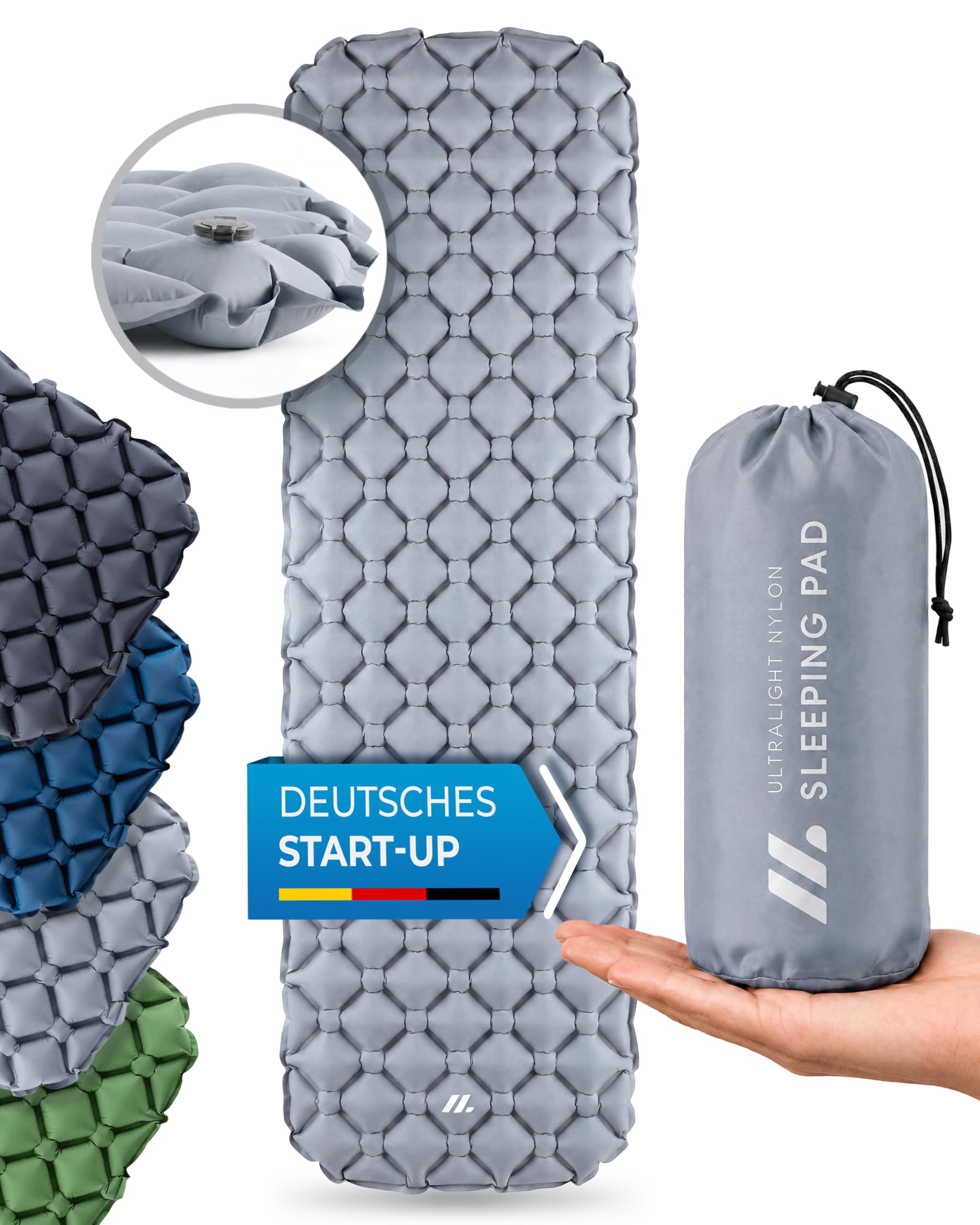 NORDMUT Isomatte Ultraleicht [mit Reparaturset] - Aufblasbare Luftmatratze Camping kleines Packmaß - Camping Matratze Wetterfest für Outdoor Zelt & Festivals - Grau
