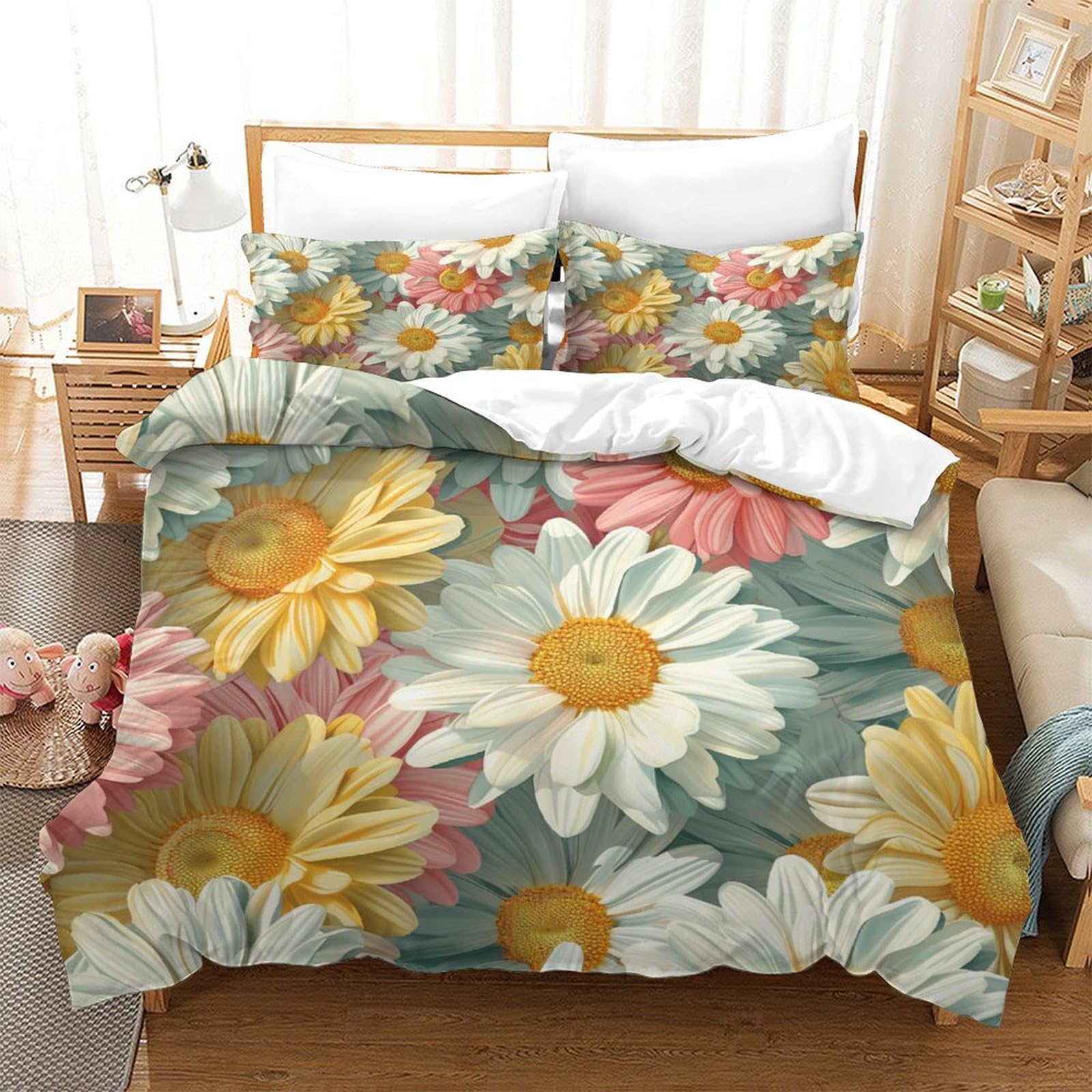 P1S9U7W5Y Vibrant Daisy 3D Printed Microfiber 3 Piece Duvet Cover Set Adult Bedroom Decor Floral Bedding Set Soft Breathable Double（200x200cm）