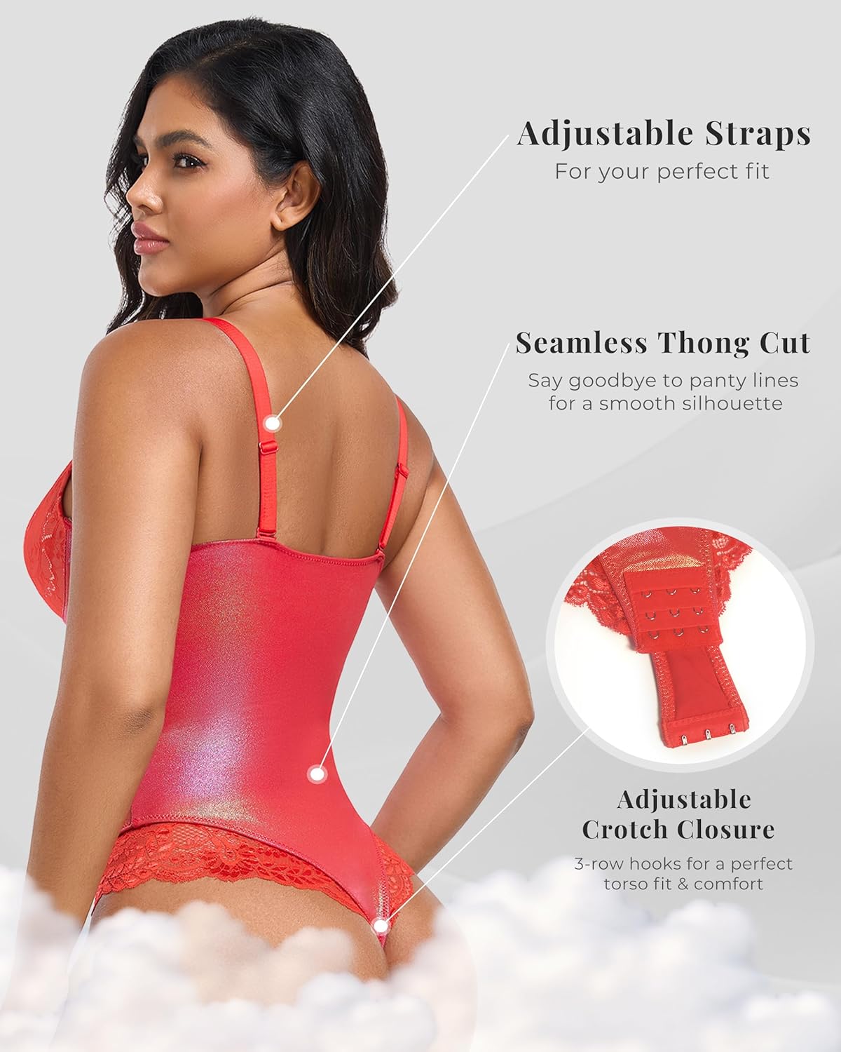 TROPICA LOVE Shimmer Lace Bodysuit for Women Thong Tummy Control V-Neck Sexy Shapewear Top - Image 4