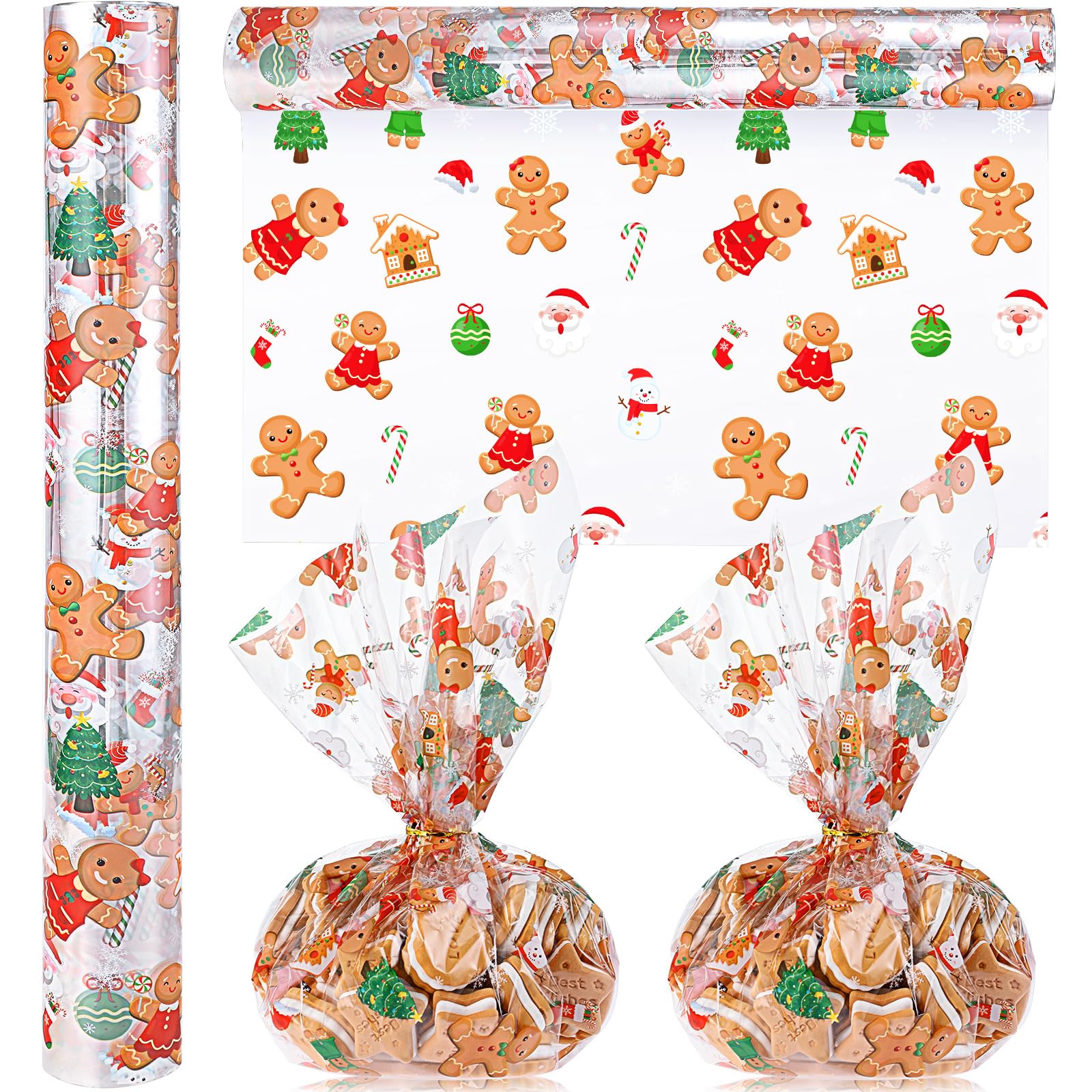 Gueevin Christmas Cellophane Wrapping Paper 100 Ft X 16 Inch 2.5 Mil Thick Cello Wrap Roll Clear Xmas Tree Santa Paper Wrapper Snowman Cellophane Gift Wrap For Treat Small Basket Craft