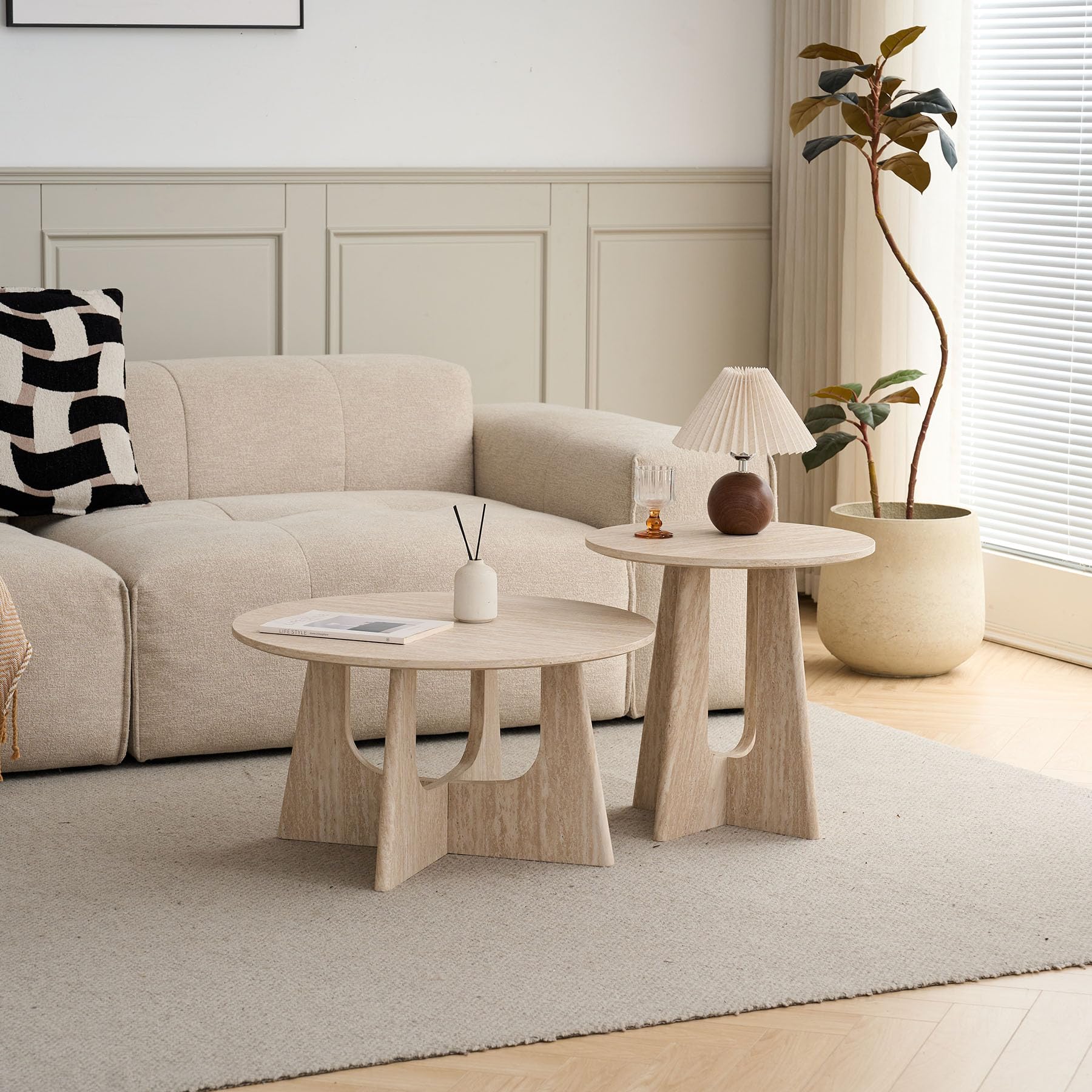 DEYARNA HOME 2er-Set runder Couchtische, Modernes Geriffeltes Trommel-Couchtisch-Set für Wohnzimmer, Schlafzimmer, Balkon und Büro