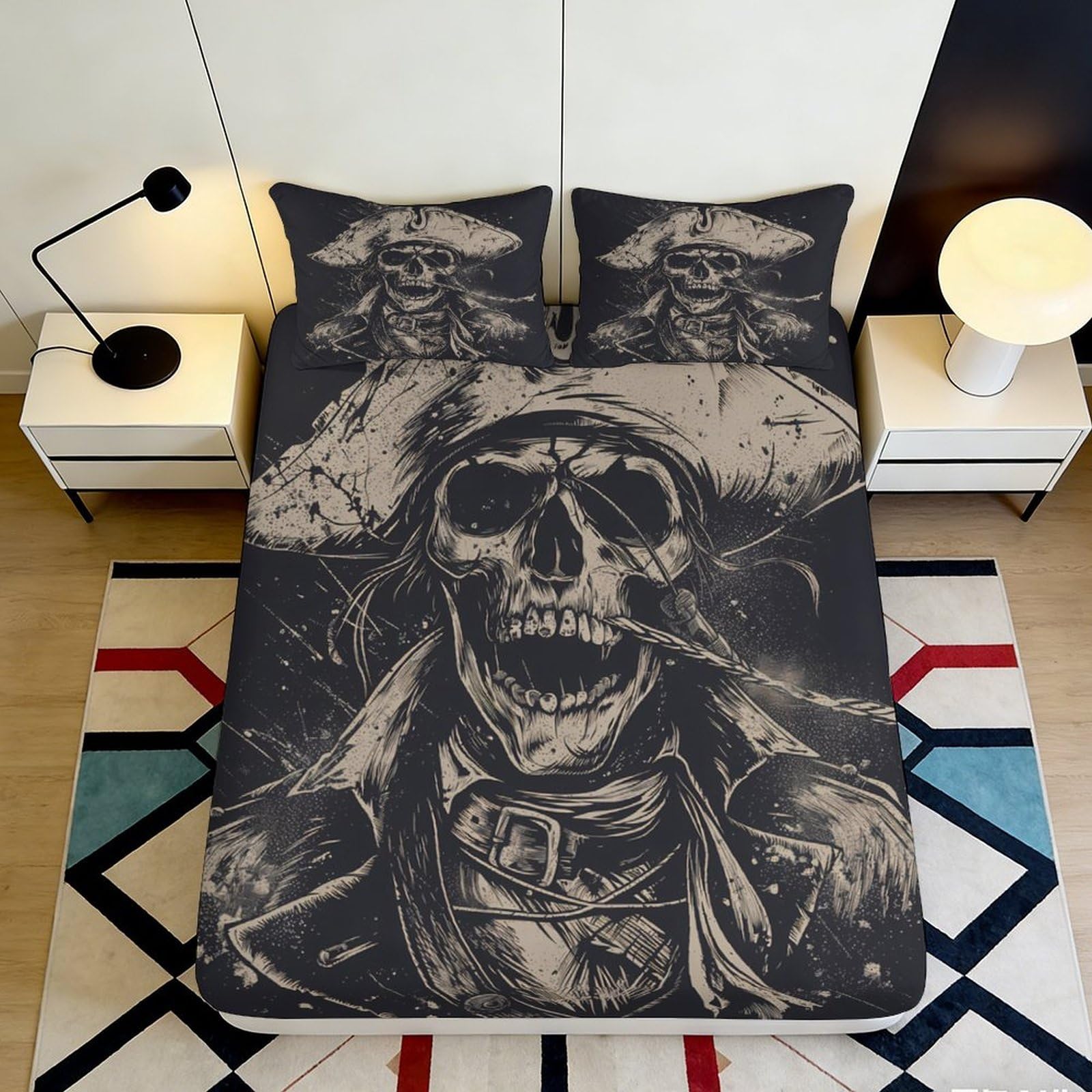 3D Printed Pirate Skull Fitted Sheet Microfiber Durable Breathable Skeleton Bed Cover for Bedroom Dormitory Guest Room Mattress Protection Decor 140x200x25cm