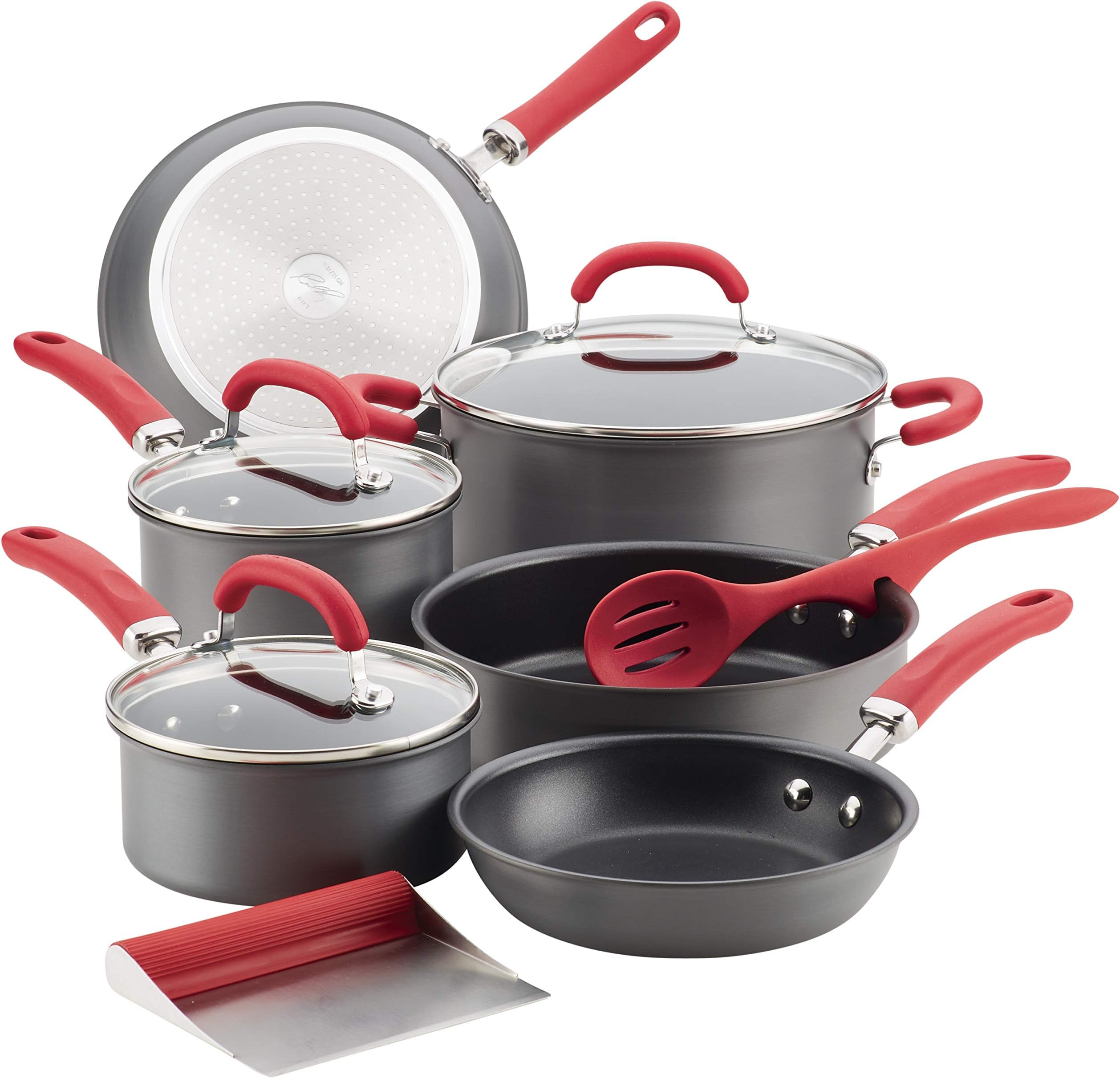 Create Delicious Hard Anodized Nonstick Cookware Pots and Pans Set, 11 Piece, Red Handles