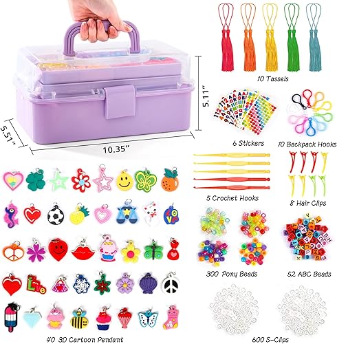 Miniatura 2 de Más de 17500 bandas de goma con contenedor de 3 capas de color morado claro, 28 colores, 600 clips en S, 352 cuentas, 40 colgantes de dibujos