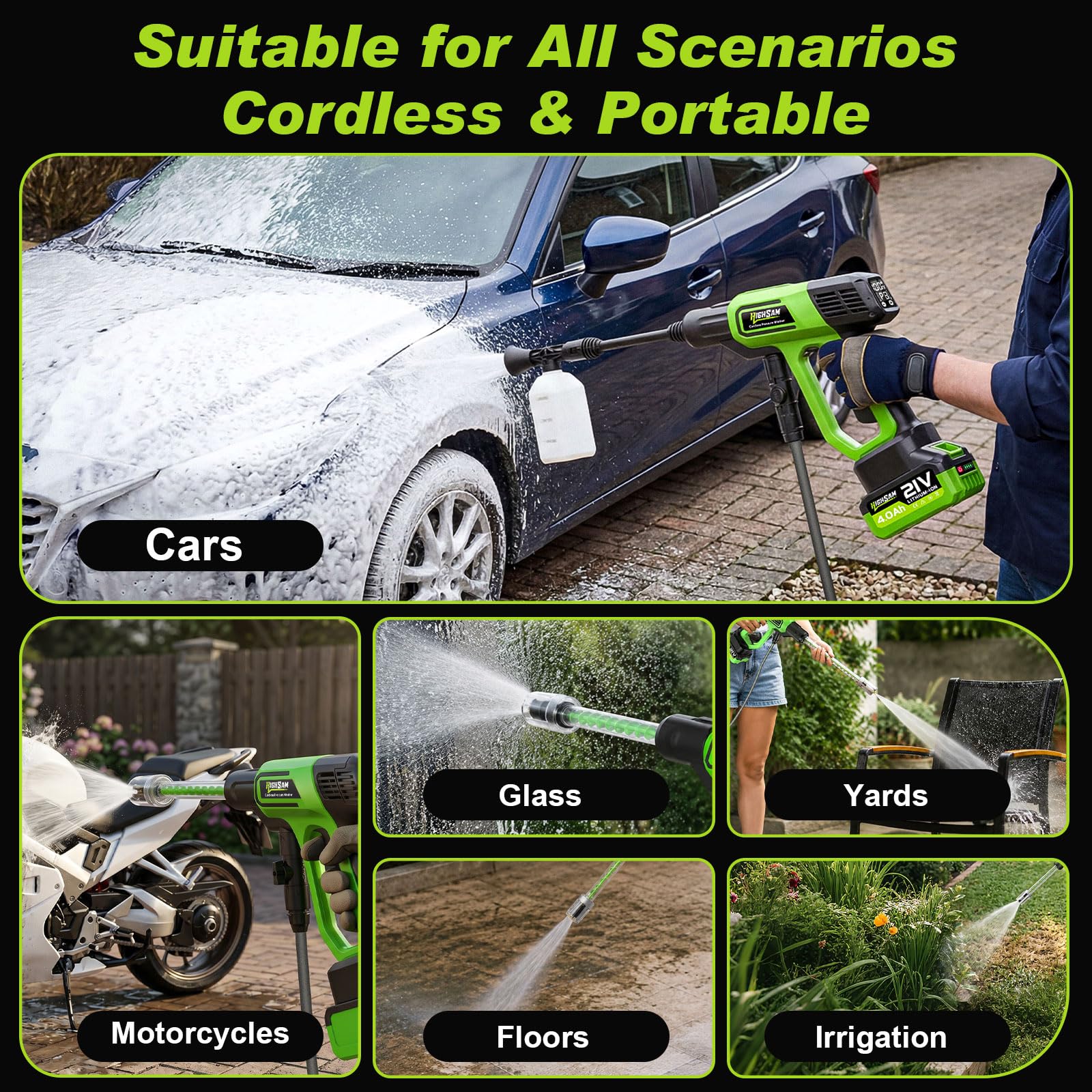 Akku Hochdruckreiniger, Max125bar Akku Druckreiniger mit 2X 4,0 Ah Akkus, Bürstenloser Motor, 3 Gang-Modus, Pressure Washer mit Druckpumpe, 5-In-1und 180° Drehbare DüSe, 5m Schlauch