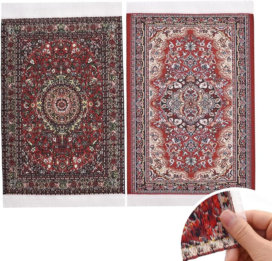 iLAND Miniature Dollhouse Accessories Victorian of Carpet for Dollhouse Furniture on 1/12 Scale and 3” - 12” Dolls, Woven Dollhouse Rugs 6” x 3.8” (2pcs Love)