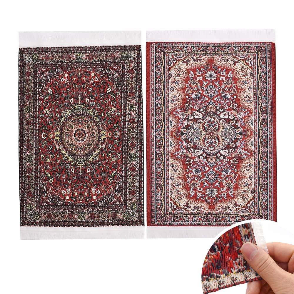 iLAND Miniature Dollhouse Accessories Victorian of Carpet for Dollhouse Furniture on 1/12 Scale and 3” - 12” Dolls, Woven Dollhouse Rugs 6” x 3.8” (2pcs Love)