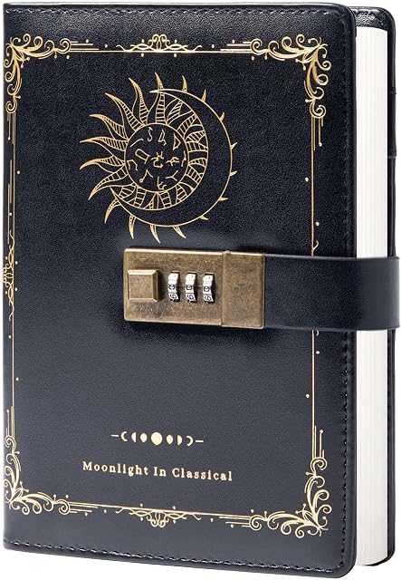 Constellation Leather Journal avec écluse, Journal Zodiac Moon Sun pour écrire, B6 Cahier avec papier doublé pour les femmes & Hommes (Noirs)