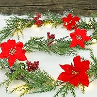 Vista 5 de DR.DUDU Guirnalda de Navidad artificial preiluminada de 6 pies con 20 luces LED, funciona con pilas con piñas, bayas rojas, agujas de pino, corona