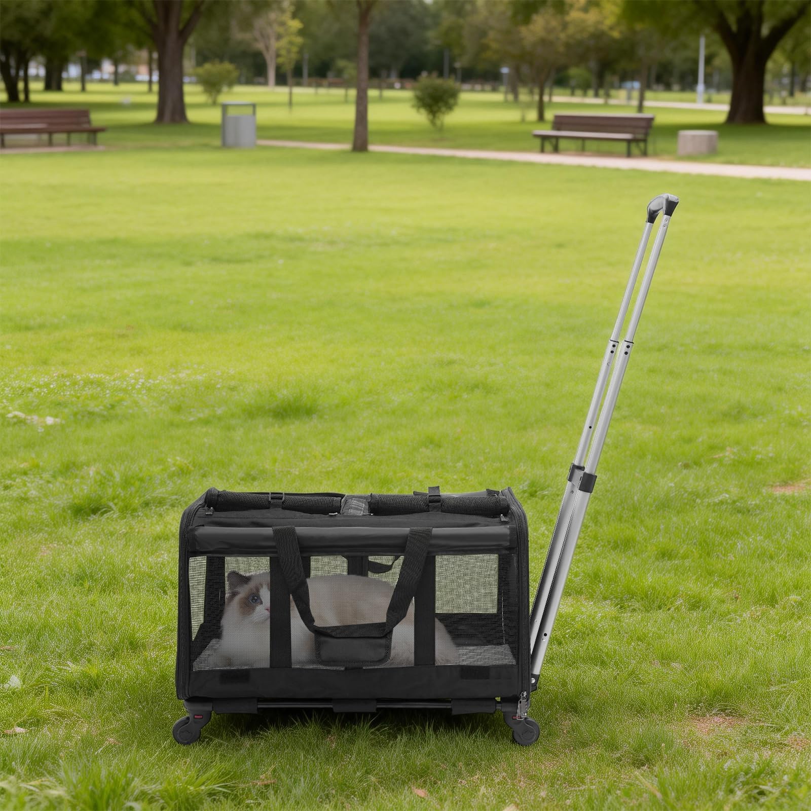Transportín para mascotas con dos compartimentos y ruedas para gato/perro, caja de transporte extraíble para gatos con asa telescópica para 2 gatos/perros, hasta 17,5 kg, para viajes, senderismo