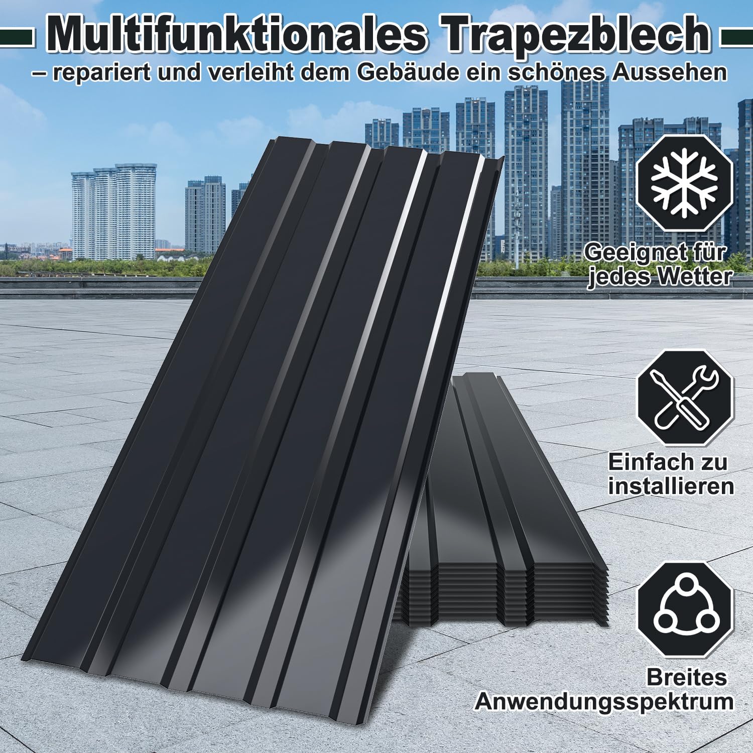 Dachblech Trapezblech Set Anthrazit – 24 Wellblechplatten, 129x46 cm, rostfrei, 0,25 mm dick, ideal für Carport, Wandverkleidung und Dachabdeckung