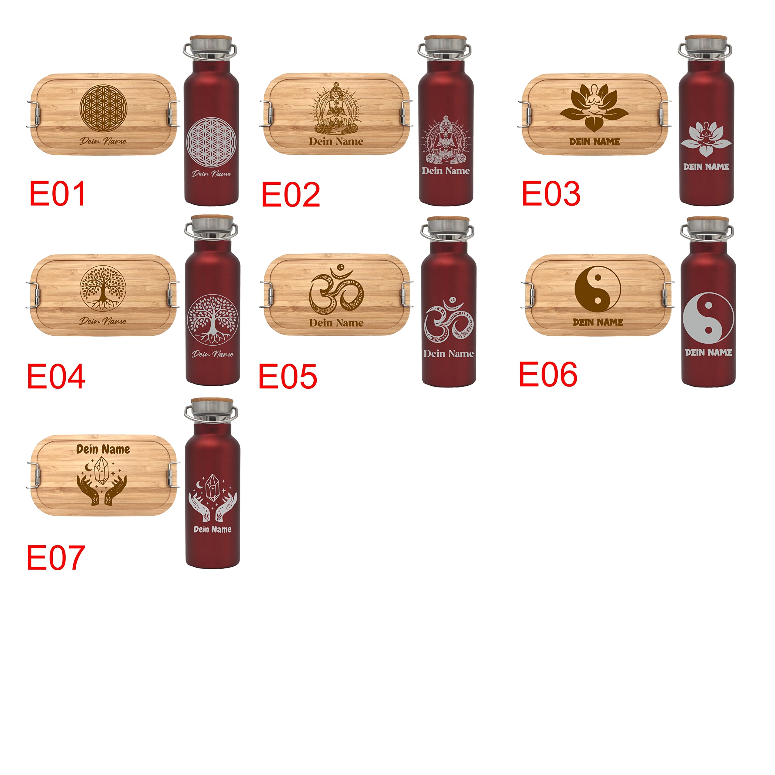 Brotdose 700ml mit Fächern und Trinkflasche 500ml aus Edelstahl mit Namen personalisiert, Lunchbox und Isolierflasche für Kinder und Erwachsene Brotzeitbox (Flasche ROT, Kleine Lunchbox 700ml)