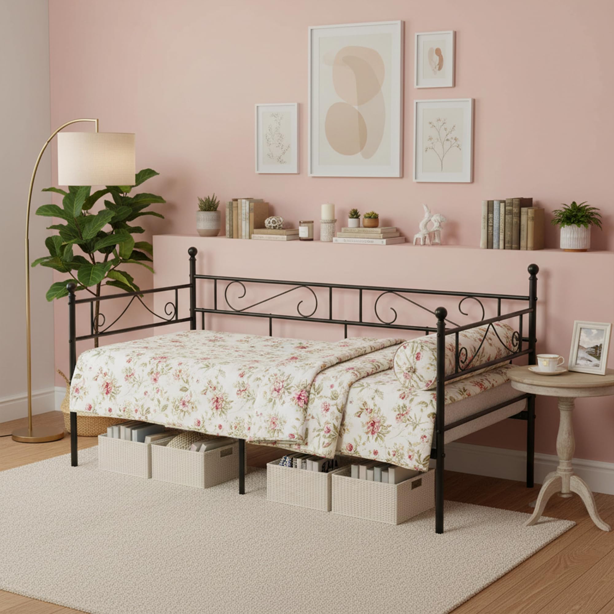Divano Letto 90x190cm, Struttura Letto Singola in Metallo, Spazio per Riporre gli Oggetti Sotto Il Letto, Letto Singolo, Adatto Per Soggiorno, Camera da Letto o Balcone, Nero