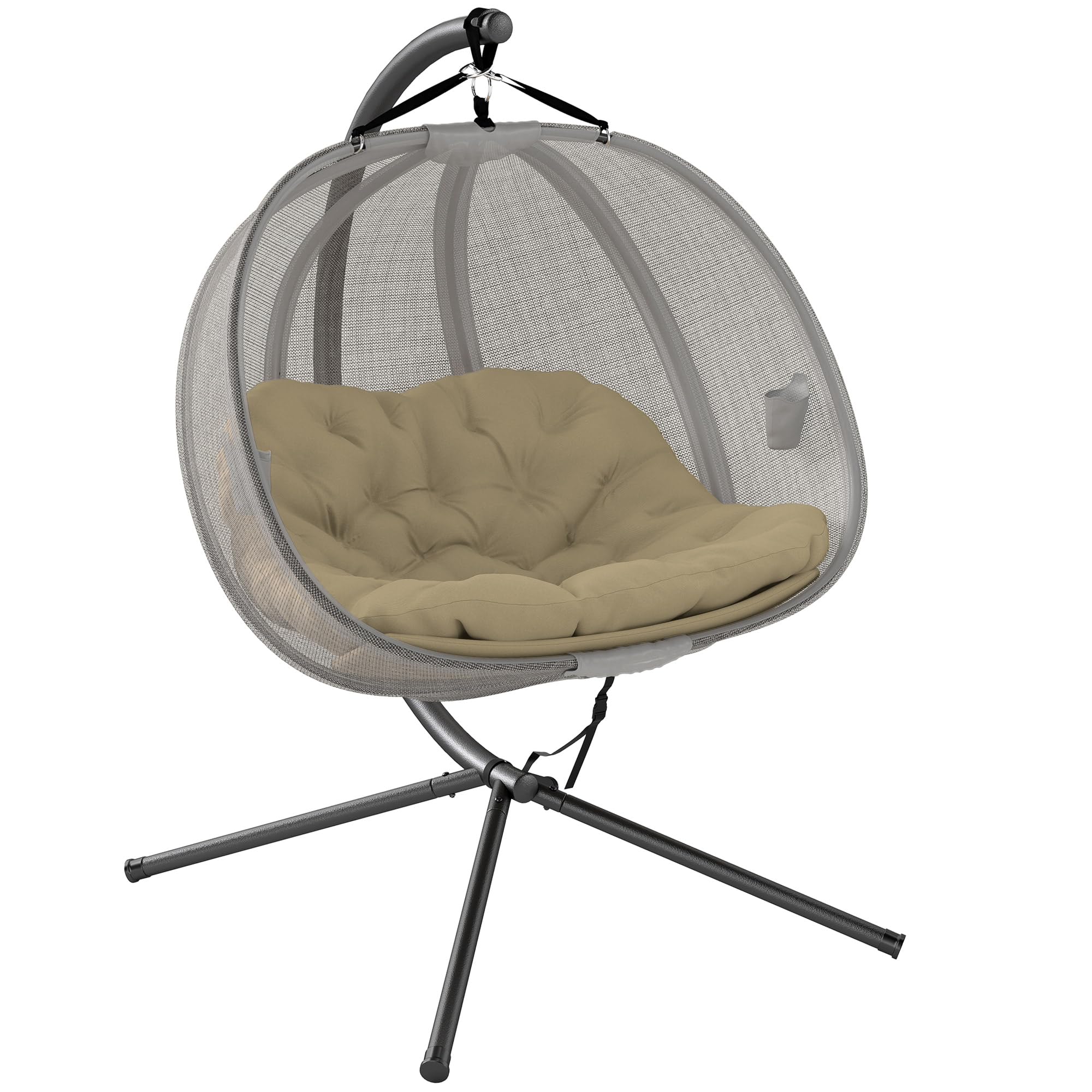 Outsunny Brown Double Hanging Egg Chair 2 Seaters Texteline Swing Hammock Chair With Stand, Cushion And Folding Design, For Indoor And Outdoor,