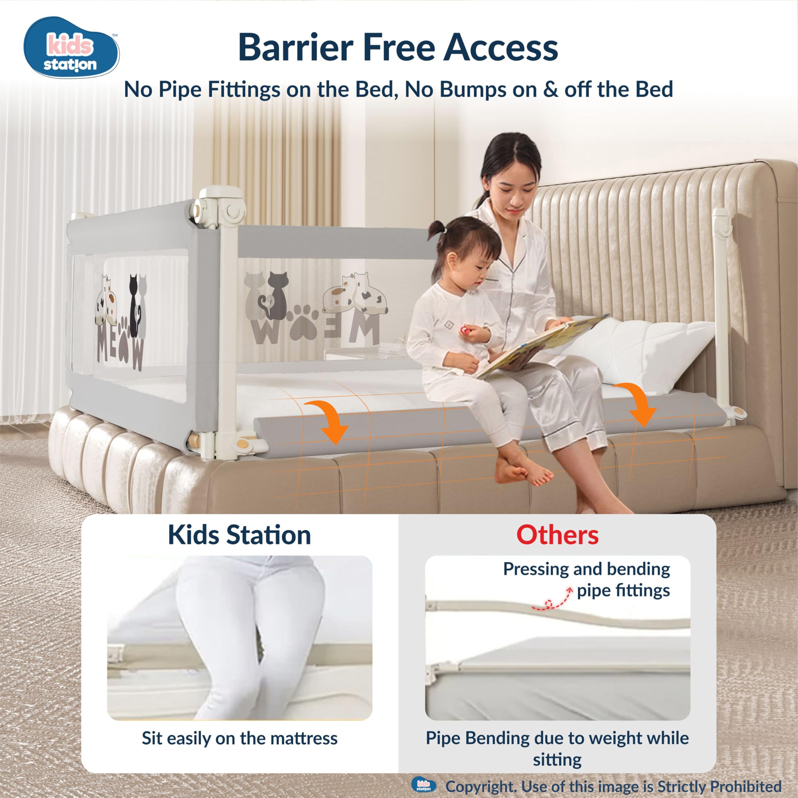 Kids Station Comfy Baby Safety Bed Rail – Foldable & Portable Guard Rail with 28-Level Adjustable Height (80cm) – 6.6ft x 6ft (200x180cm), 2 Side Fence – Made in India (Grey, Basic) - Image 8 thumbnail