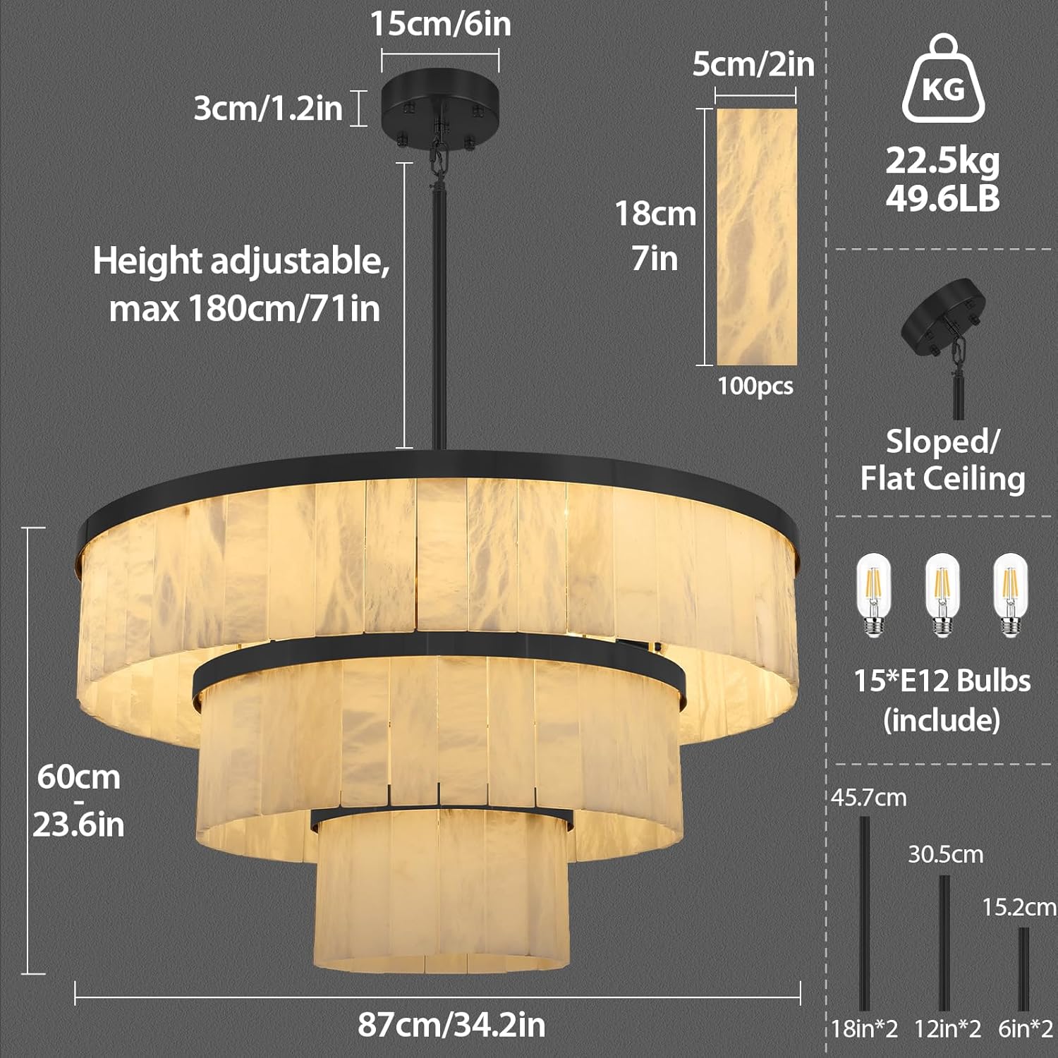 Round Alabaster Chandelier, 3 Tiers Black Marble Chandelier for Dining Room, D34 Modern Living Room Chandeliers Modern High Ceilings Chandeliers for Bedroom, Foyer, Entryway(Include 15 Bulbs) black-D34-round