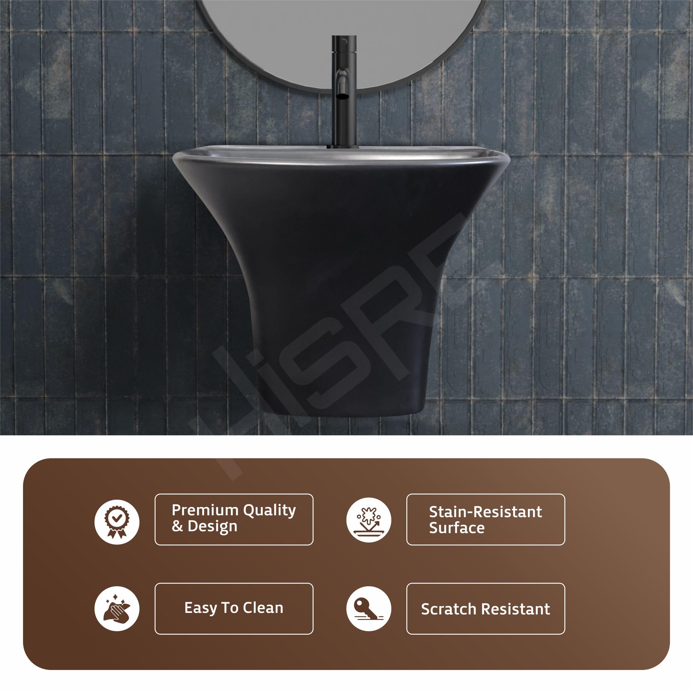 Hisre Modern Wall-Mounted Matte Black Ceramic Wash Basin with Curved Rectangular Design | Space-Saving Floating Bathroom Sink for Contemporary Interiors, photo 4 of 5