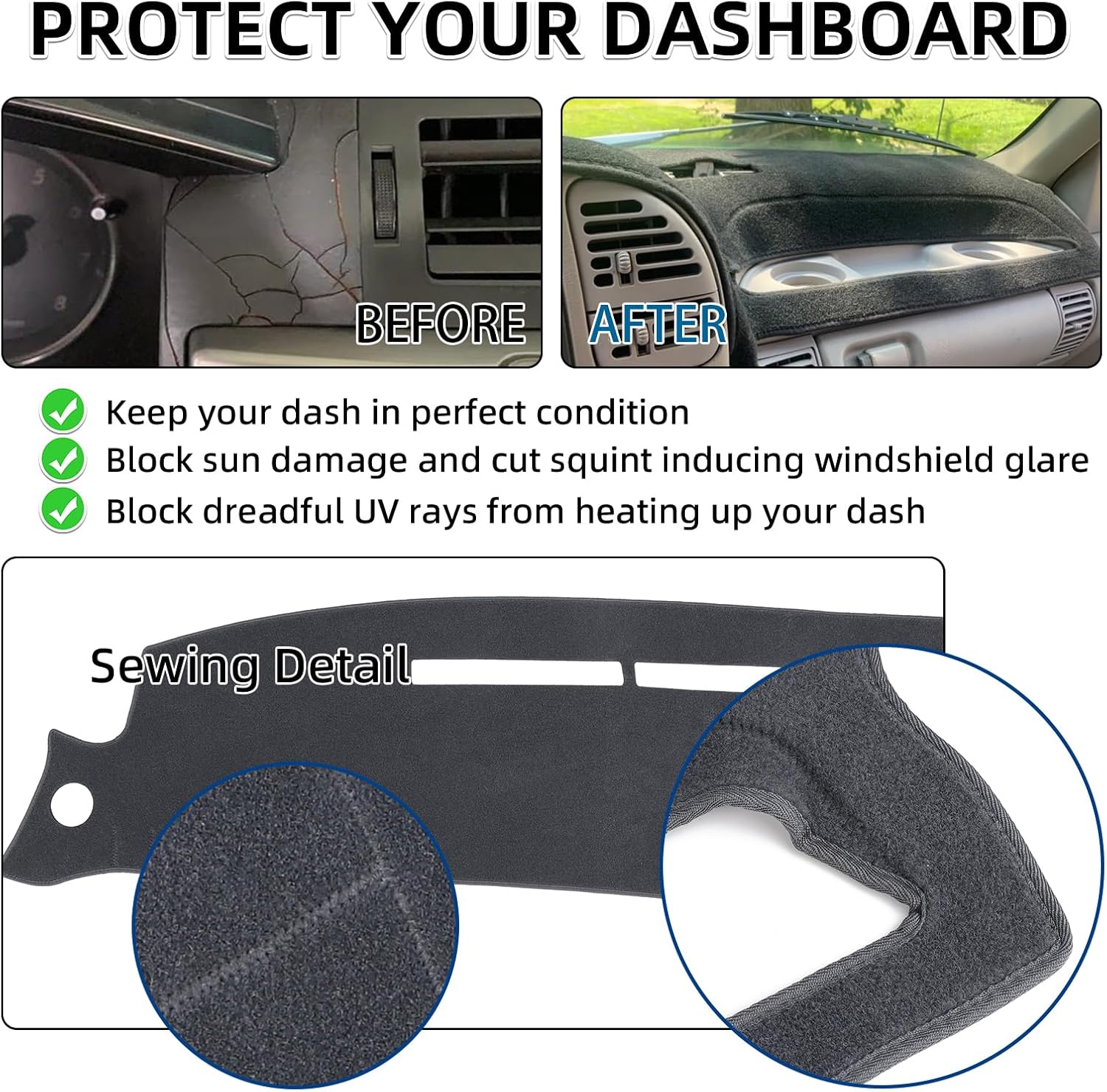 Dash Cover Mat Custom Fit for 1995-1996 Chevy Chevrolet Silverado C1500 C2500 C3500 K1500 K2500 K3500 Tahoe Suburban,GMC Sierra Yukon Suburban Pickup Truck,Dashboard Cover Pad Carpet (Dark Gray)
